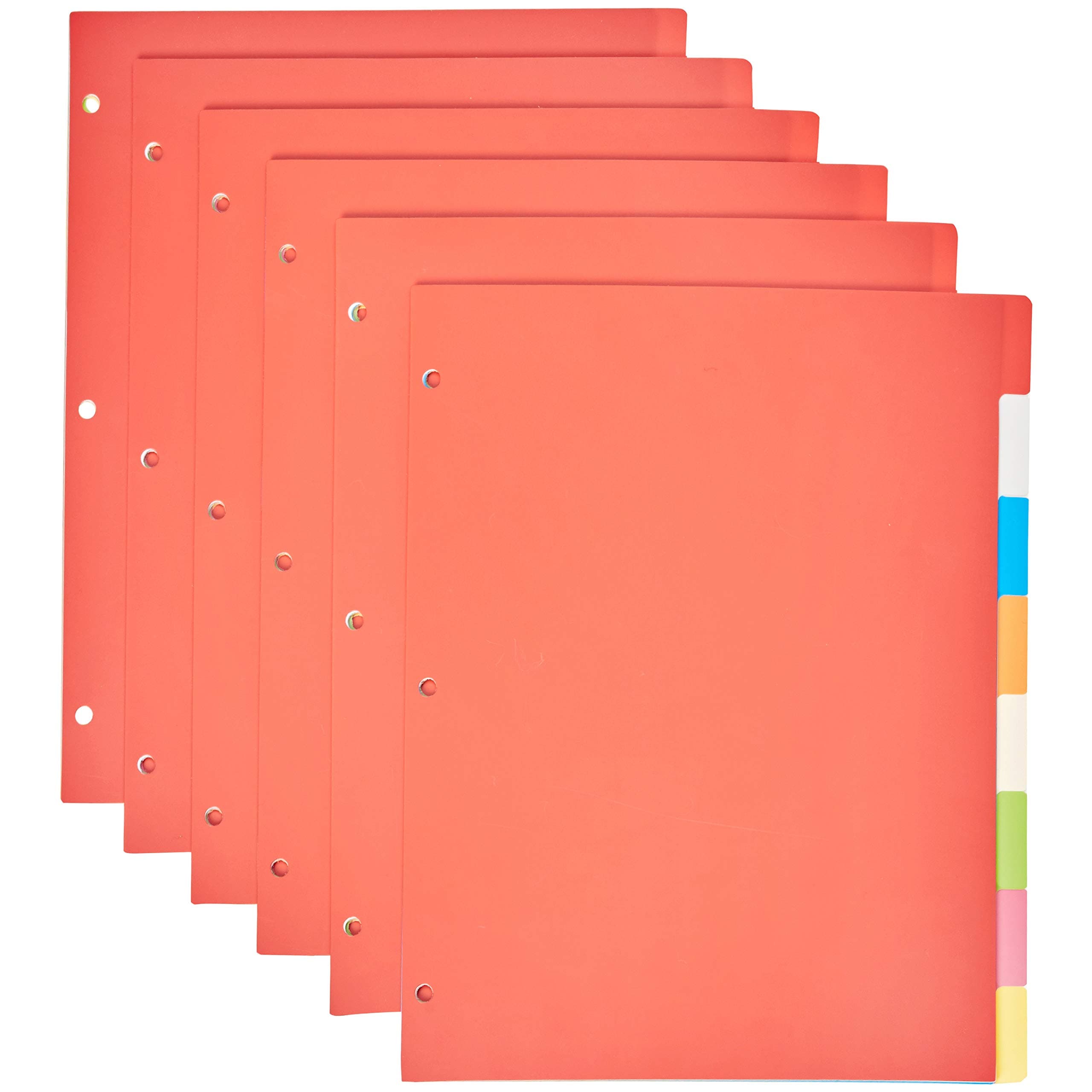 Amazon Basics 8-Tab Plastic Binder Dividers with Multicolor Tab Labels for 3 Ring Binder, Durable, 3-Hole Punched, for School, Office and Home Organization, Letter Size, Assorted Colors, 6-Pack