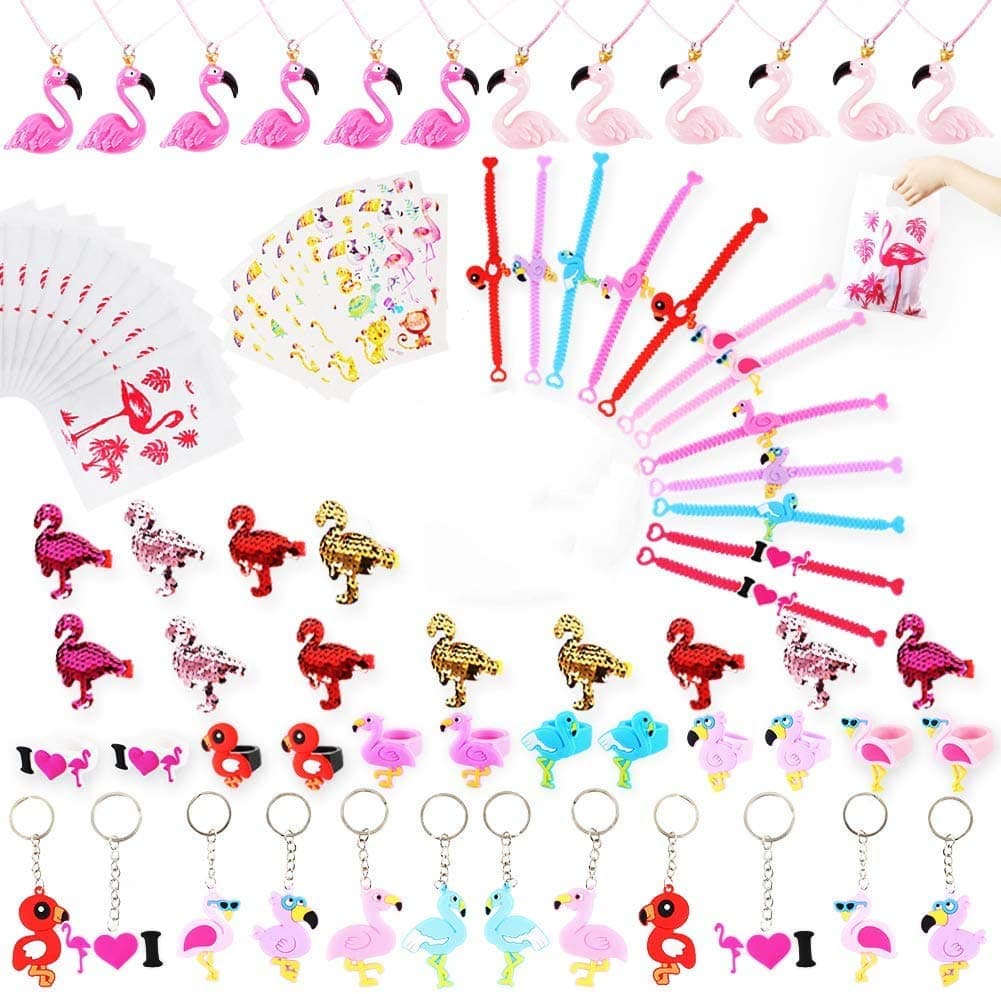 Flamingo Party Favors Supplies for Kids- Flamingo Bracelets Rings Necklaces Keychains Hair Clips Stickers Gift Bags Flamingo Birthday Supplies Goodie Bags Filler-84 PCS
