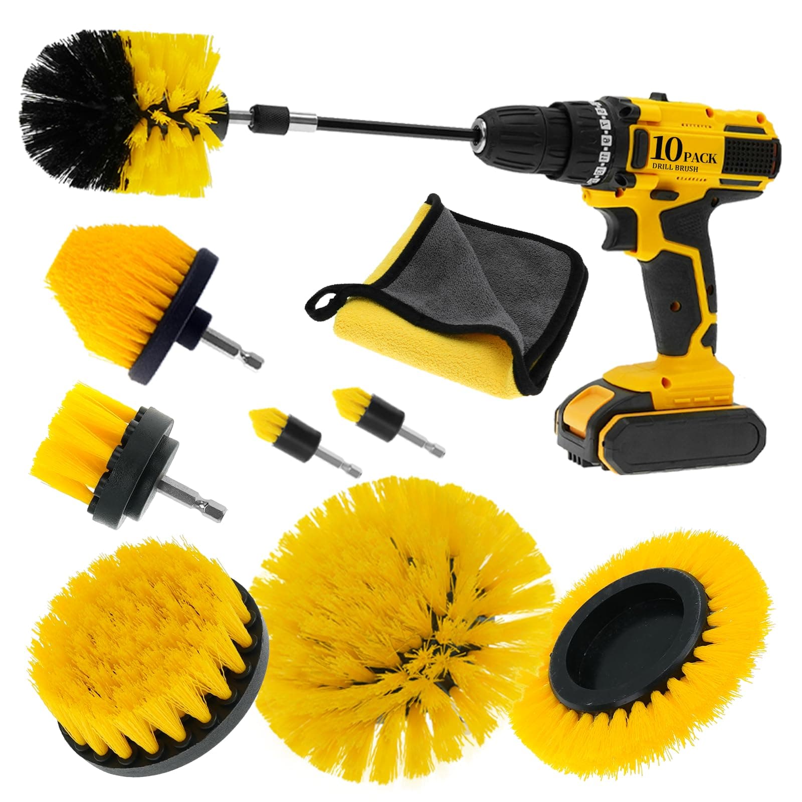 10 Pcs Drill Brush Attachment Set, Power Cleaning Scrub Brush Kit with Extend Long Attachment, All Purpose Drill Scrub Brushes for Car, Grout, Floor, Shower, Bathroom and Kitchen (Yellow)