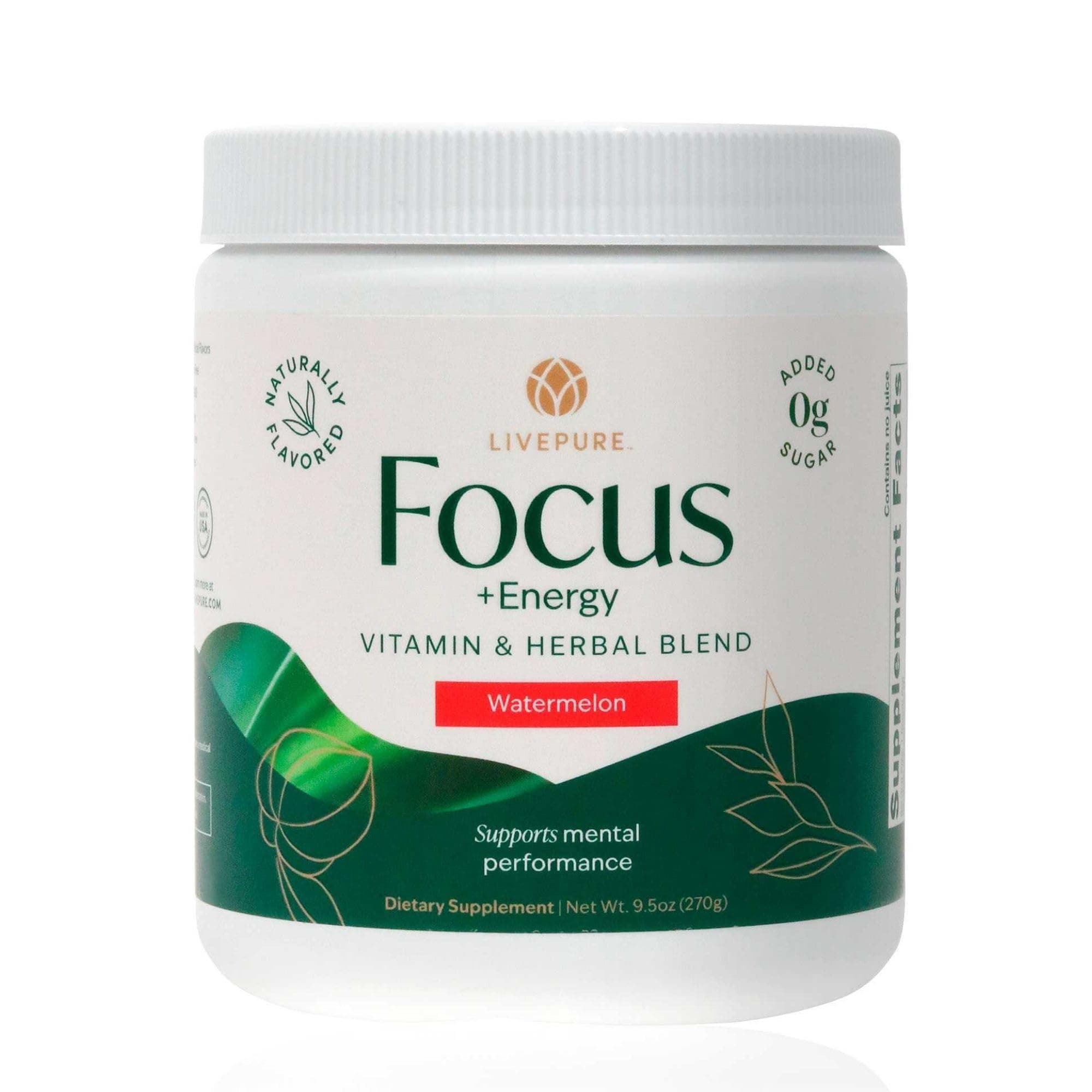 - PURE Focus + Energy Tub Drink Mix | Natural Caffeine & Antioxidants from Botanicals | Supports Alertness, Clarity & Energy | Zero Sugar, No Artificial Sweeteners | 9.5 oz | Watermelon Flavor