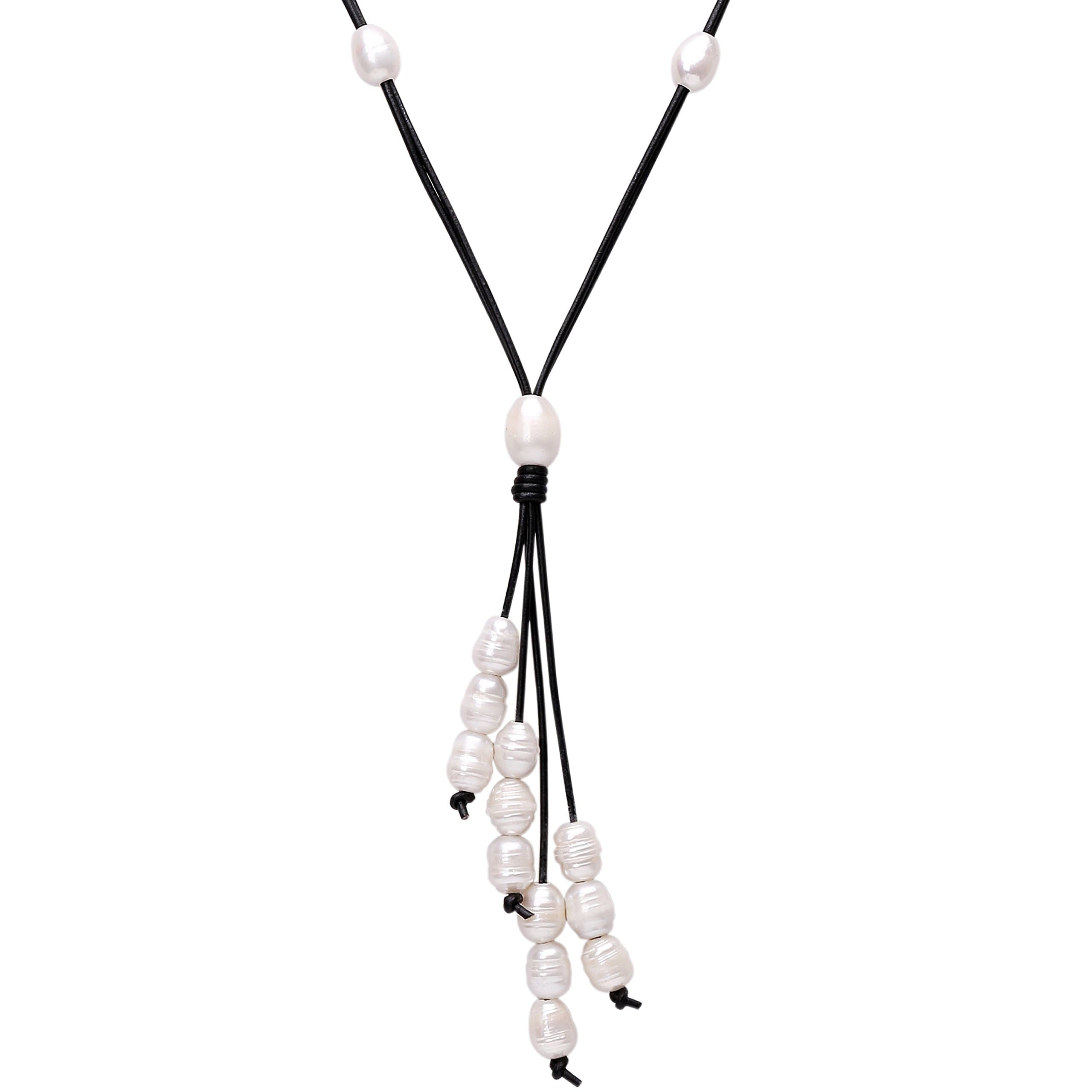 PearlyPearls Long Freshwater Cultured Pearl Necklace with Pendant on Leather Cord Y-Shaped Boho Necklace for Women
