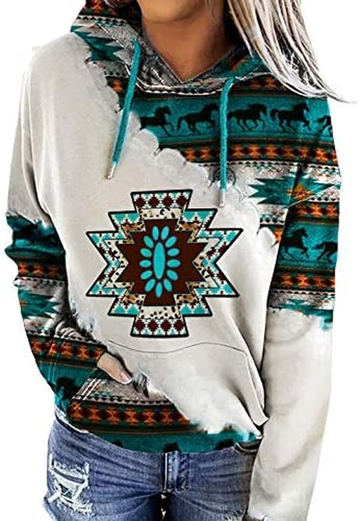 Womens Hoodie Plus Size Hoodies for Women Western Ethnic Style Geometric Rhombus Printed Sweatshirts Shirt Top Teen Girls
