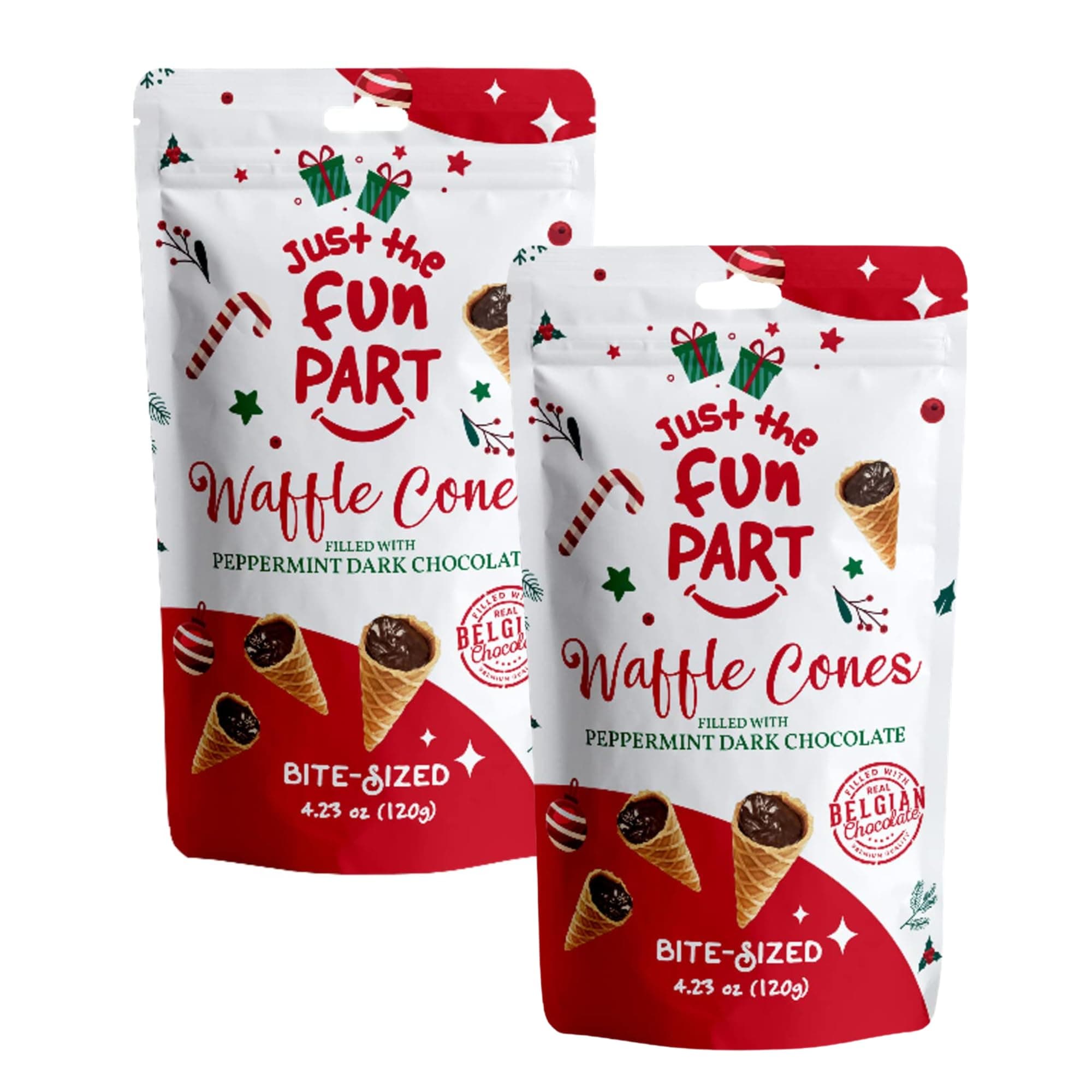 Just The Fun Part | Bite-Size Crispy Mini Waffle Cones | Filled With Premium Belgian Chocolate | Great For Snacks, Desserts, Grab & Go | Kosher | 4.23 Ounce (Pack of 2, Peppermint, Dark Chocolate)