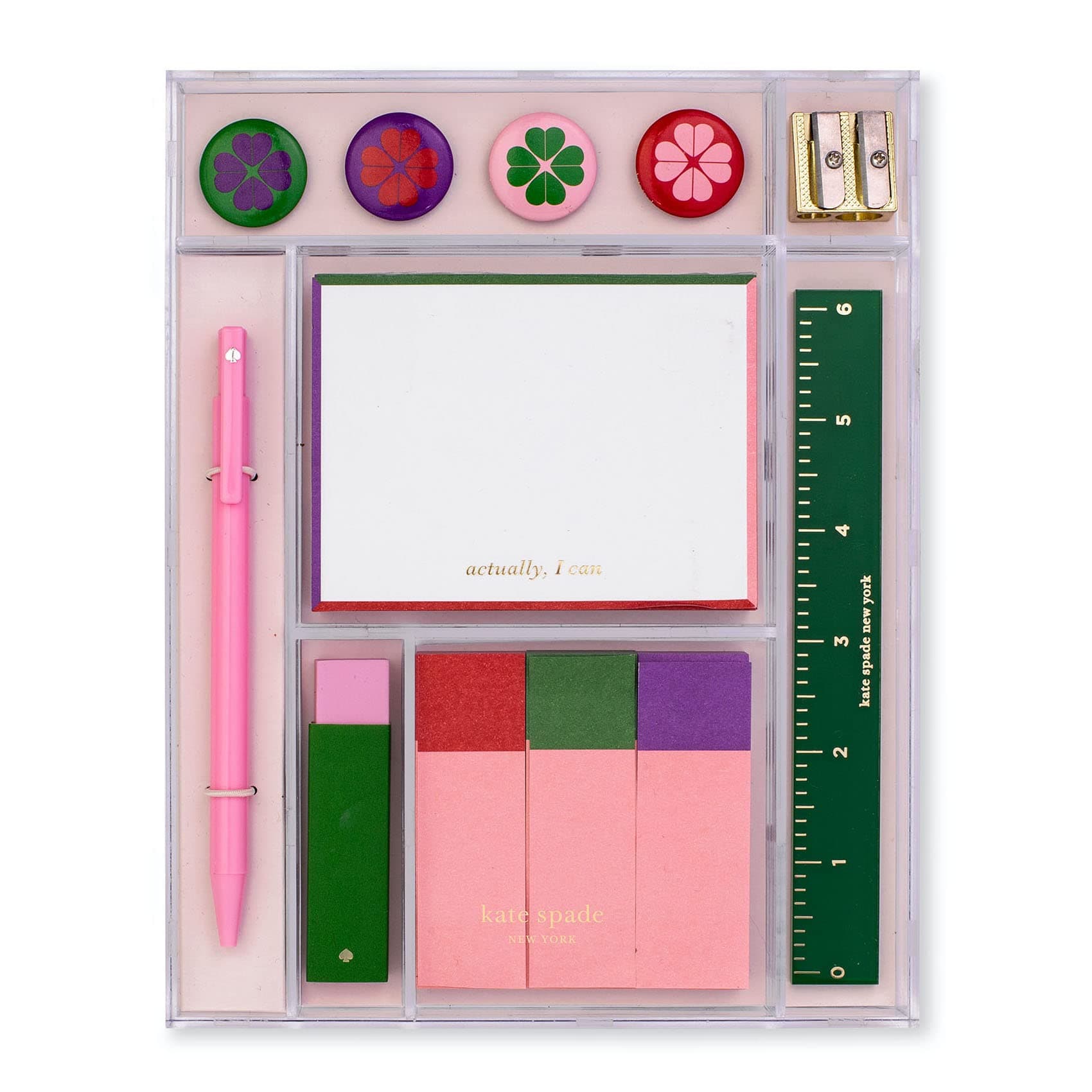 Cute Office and School Supplies Set, Desk Organizer Includes Ruler, Pen, Pencil sharpener, Eraser, 3 Sticky Note Flags, Notepad, and Magnets