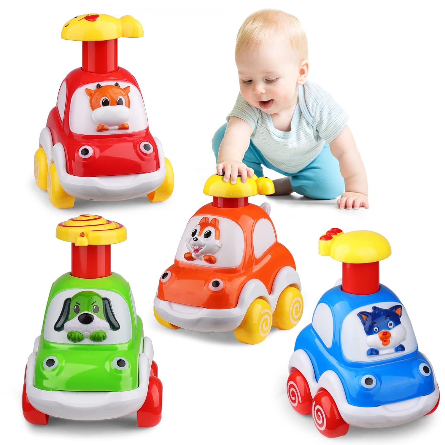 ALASOU 4 PCS Animal Car Toys for 1 Year Old Boy Girl|Baby Toys 1 Year Old Boy Gifts|Vehicle Toy Set Easter Basket Stuffers for Toddler Toys 1-2|1st Birthday Gift for Infant 12 18 Months