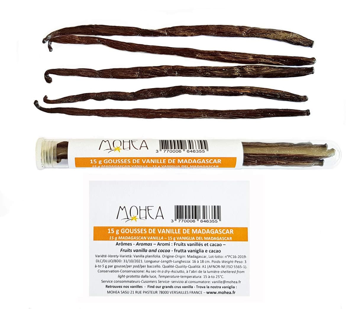 15 Grams Bourbon Vanilla pods - Madagascan Vanilla (Vanilla planifolia) 3 to 4g per pod - 4 to 7 pods per Tube - 15 to 18 cm - A1 Quality (Gourmet)