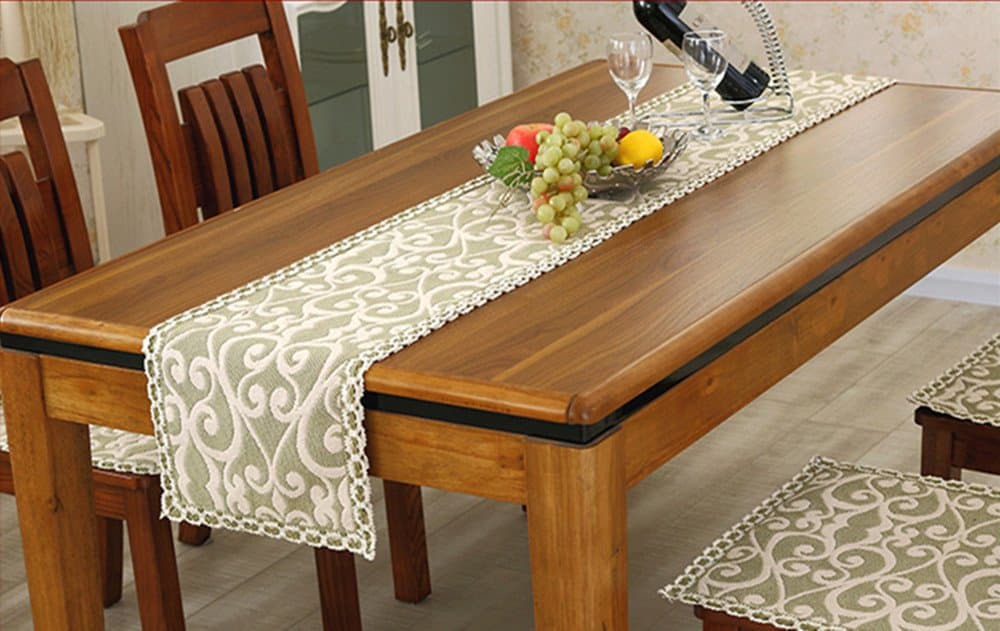 JYQ Chinese Rustic Handmade Cotton Floral Table Runners with Lace, for Rectangle Tables (11.5" x 43", Flower Green)