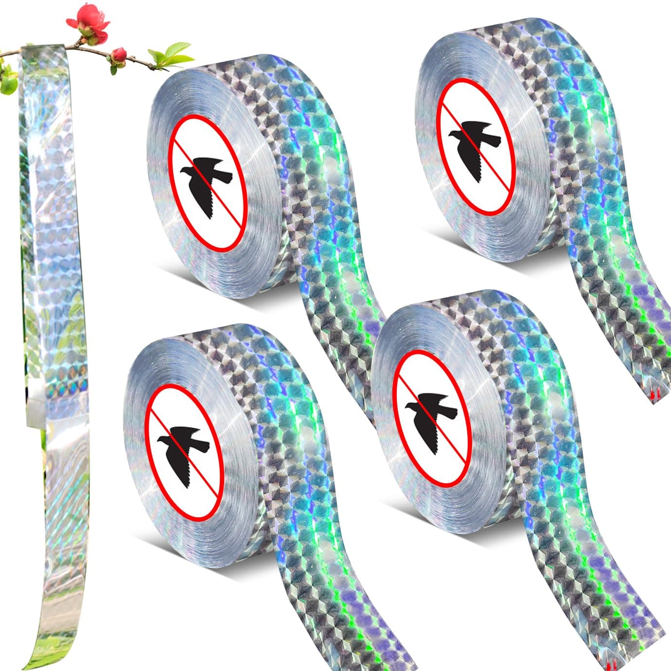 4 Pieces Bird Scare Tape Ribbon,4 * 328 Feet Reflective Tape Keep Birds Away Outdoor,Double Side Bird Flash Tape, Scare Geese, Pigeon, Duck, Woodpecker, for Outdoor, House, Garden, Patio, Orchard