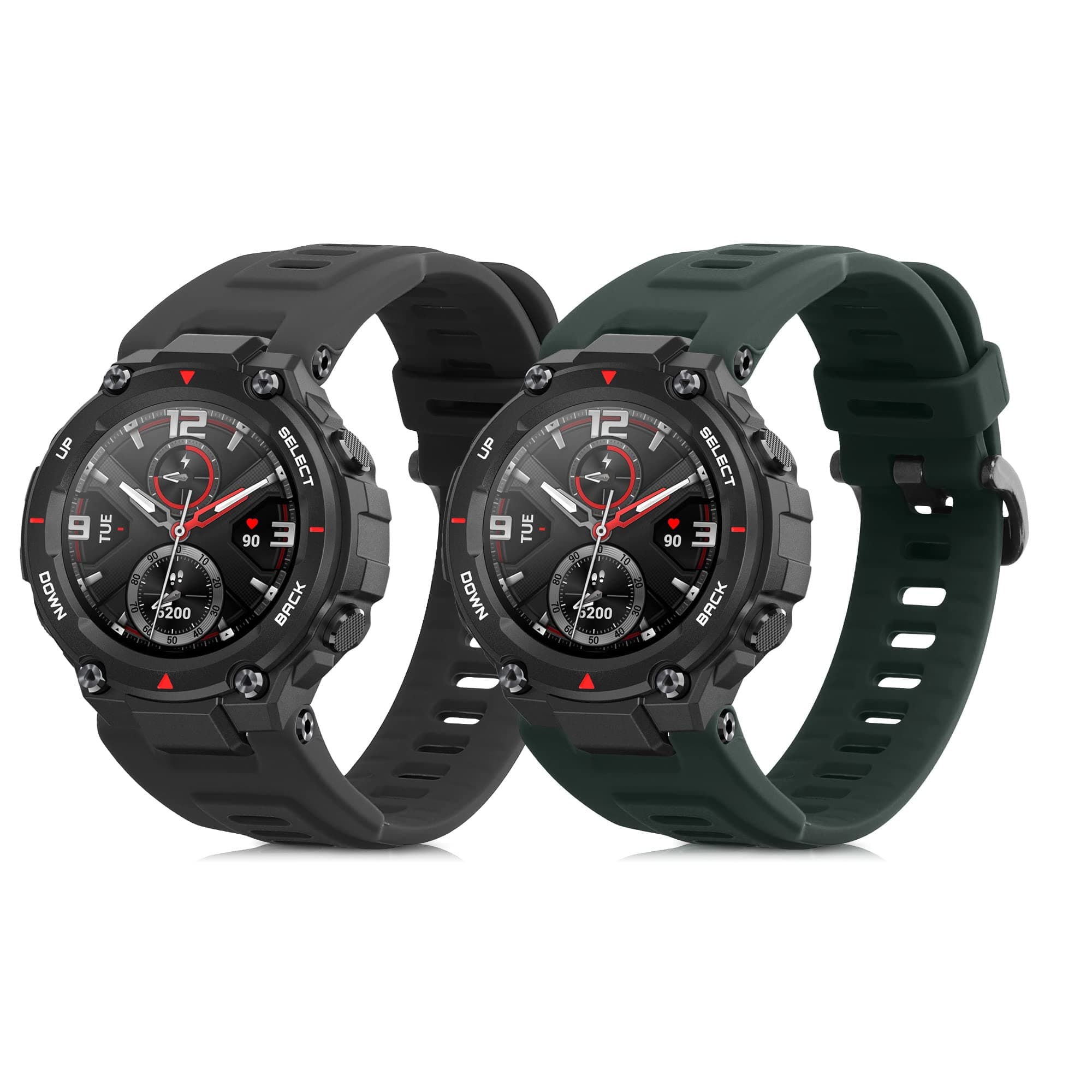 kwmobile 2x Sport Armband compatible with Huami Amazfit T-Rex/T-Rex Pro Wristband TPU Silicone Set Fitness Tracker Dark Green Grey