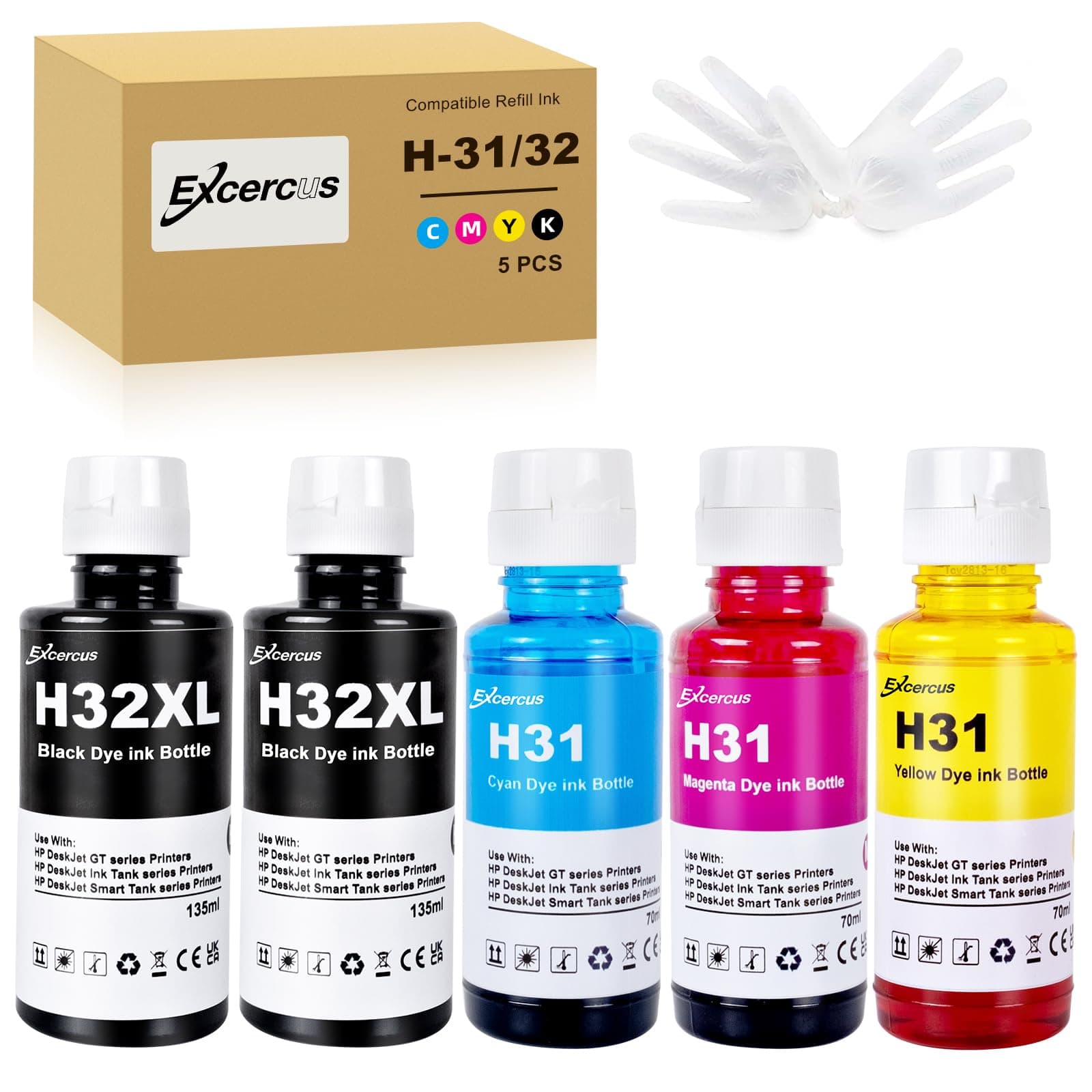 Ink Bottle 31 32XL 32 XL Compatible with HP Smart Tank 5000 5101 7301 6001 7602 5101 7001 551 555 651 455 457 450 Printers (2 135ML 32XL Black Ink, 70ML 31 Color Ink)