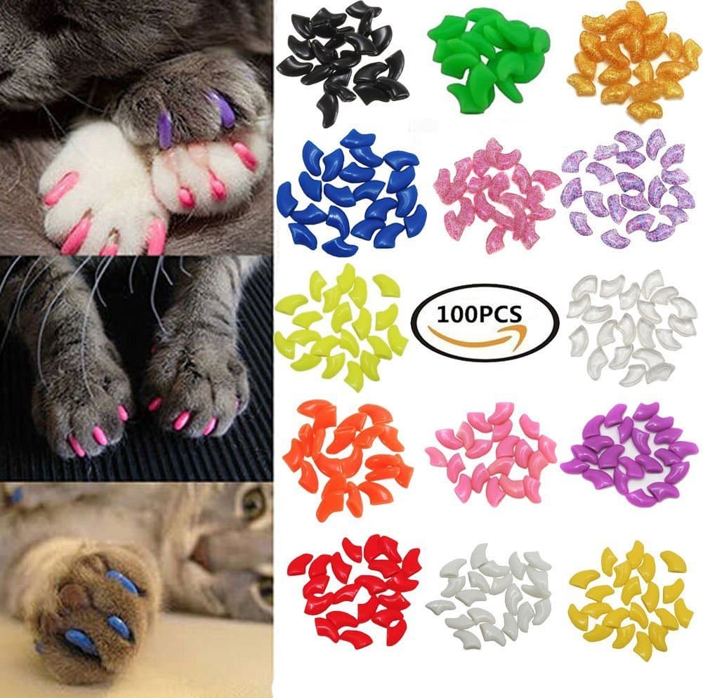Johomoon 100Pcs Colorful Cats Paws Grooming Nail Claw Cap + 5Pcs Adhesive Glue + 5Pcs Applicator Soft Rubber Pet Nail Cover
