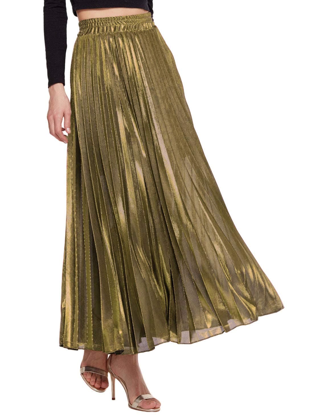 Amormio Women's Glittery Gold/Silver High-Waist Metallic Accordion Pleated Formal Party Maxi Skirt (Luxurious Gold, Medium)