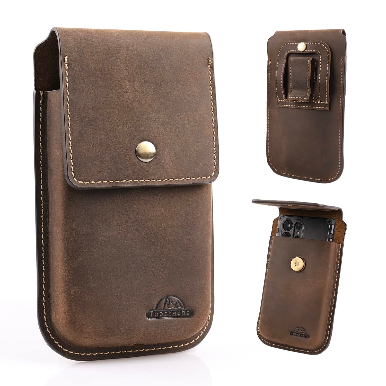 Leather Phone Holster for iPhone 17/16/15/14/13 Pro Max & Plus - Belt Clip Cell Phone Case for Galaxy S25/S24/S23 Ultra & Plus - Leather Belt Holder Pouch for Men, XL,Darkbrown