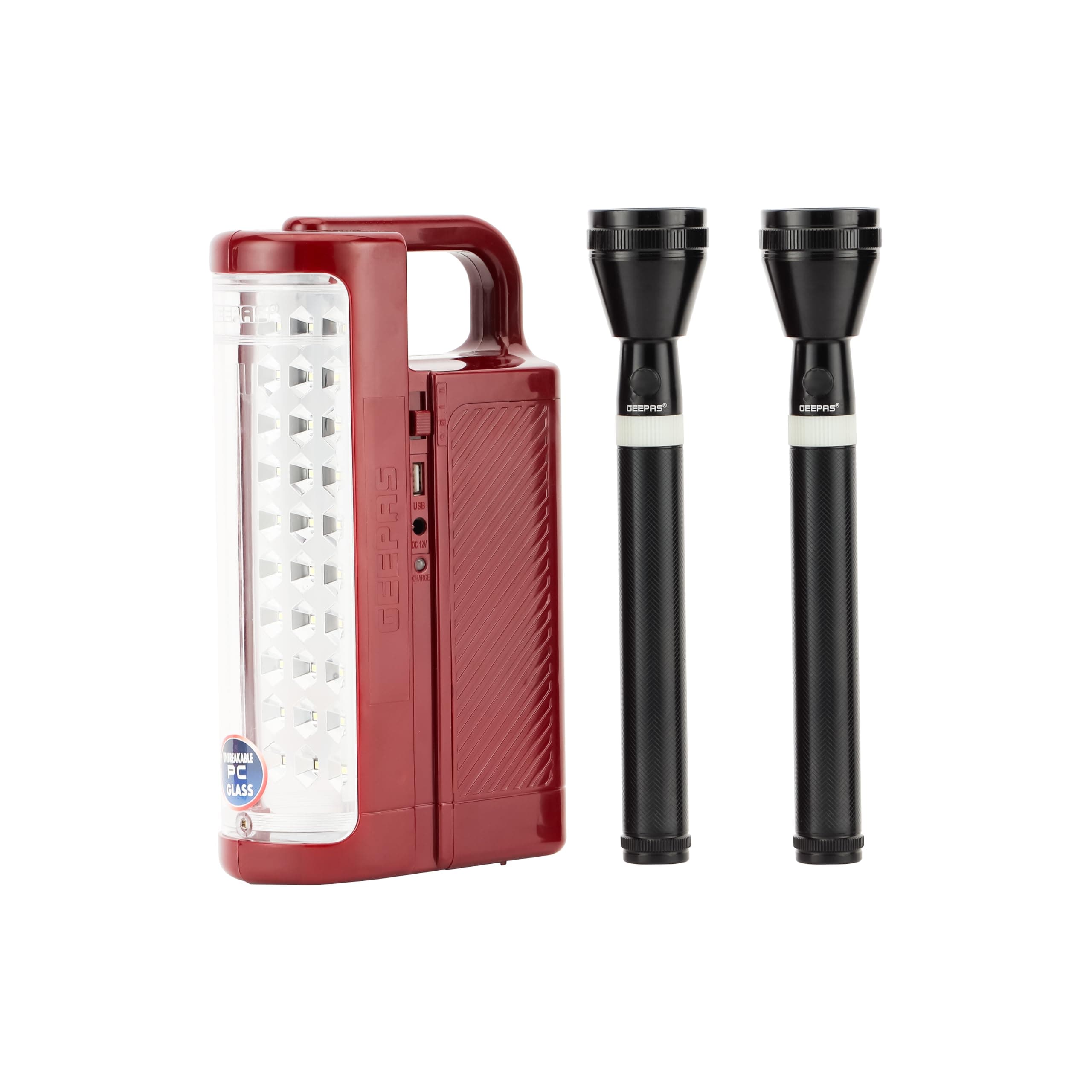 Geepas Rechargeable LED Lantern & 2Pcs Torch |Emergency Lantern with Light Dimmer Function | 24 Pcs Super Bright LEDs|Ideal for Outings, Trekking, Campaigning and more