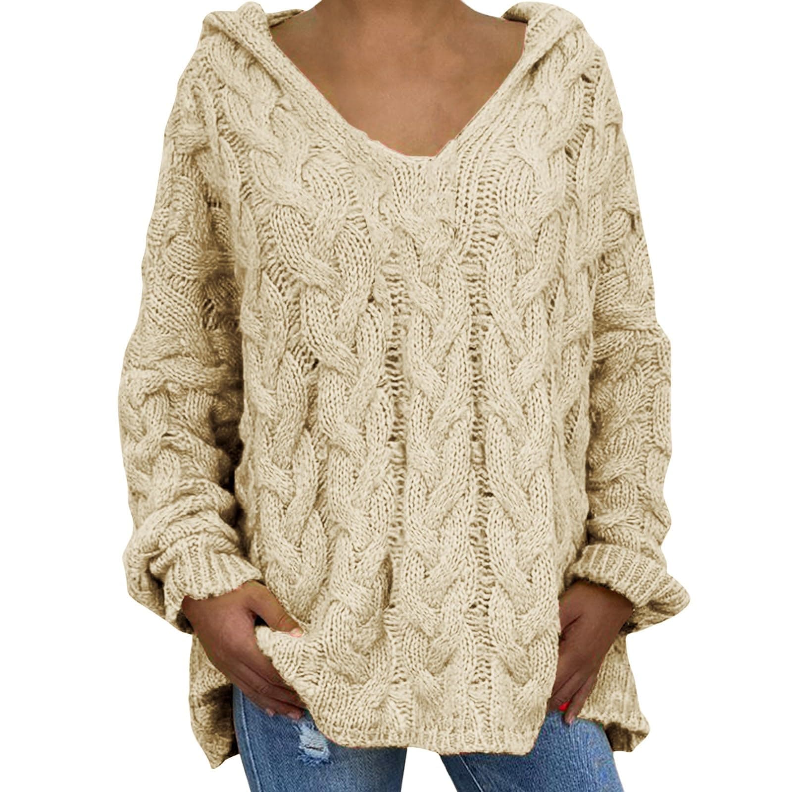 xoxingysmHoodie Sweaters for Women Oversized Chunky Cable Knit Crochet Pullover Sweaters Long Sleeve V Neck Casual Hoodies