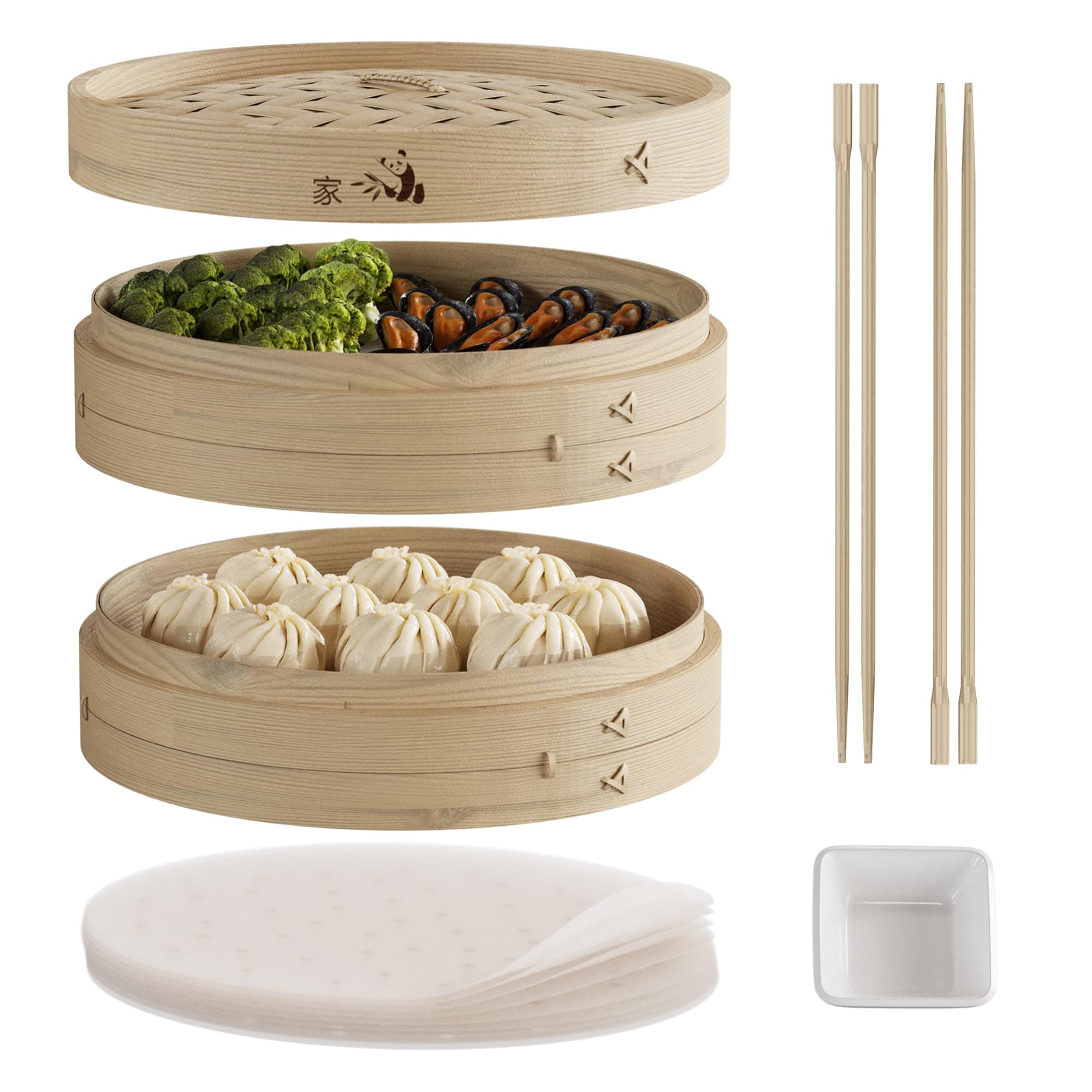 Prime Home Direct Bamboo Steamer Basket 12-inch | 2-Tier Steamer for Cooking | 50 Liners, Chopsticks, Sauce Dish | Dumpling Steamer, Food Steamer Baskets for Cooking - Rice & Vegetable Steamer Pot
