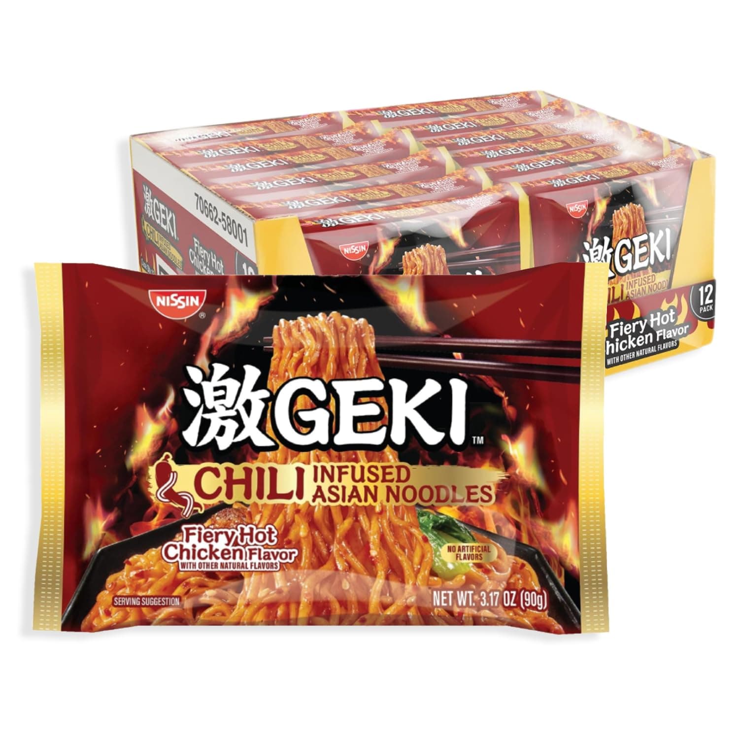 Nissin Geki Chili Infused Asian Noodles, Fiery en Flavor, 3.17 Ounce (Pack of 12)