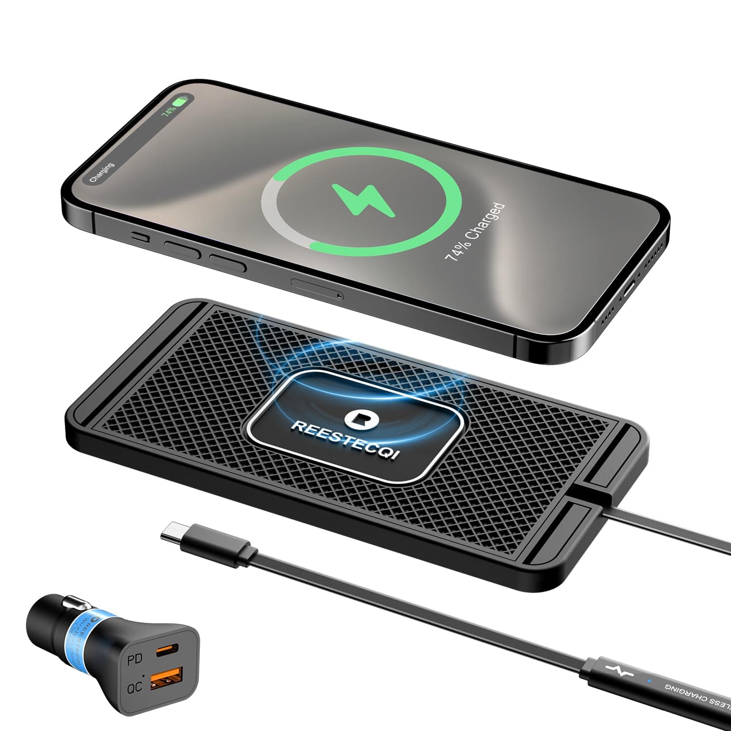 Wireless Charging Pad for Car, REESTECQI 15W Wireless Car Charger Pad Type C Charging Mat Non Slip [PD 40W Car Charger Incl] for Airpods iPhone 16/15/14/13/12, Samsung S24/S23/S22 (30CM Cable)