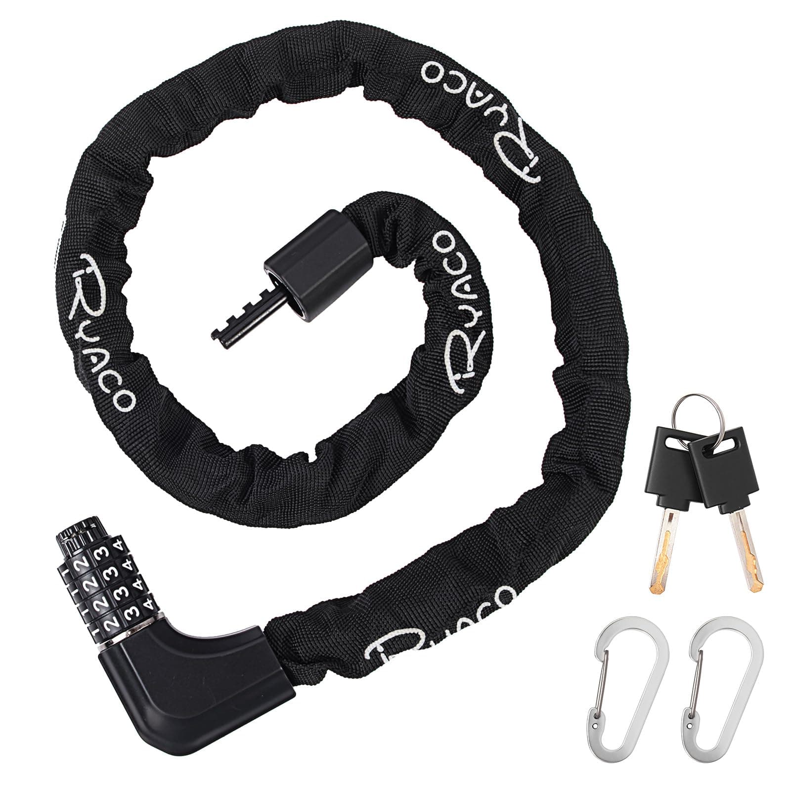 RYACO Bike Chain Lock, Bike Lock with 2 Ways to Unlock,4 Digit Combination Heavy Duty Anti-theft Bicycle Lock with 2 Keys and Carabiner, 3.2Ft High Security Bike Motorcycle Gate Door and Scooter Locks