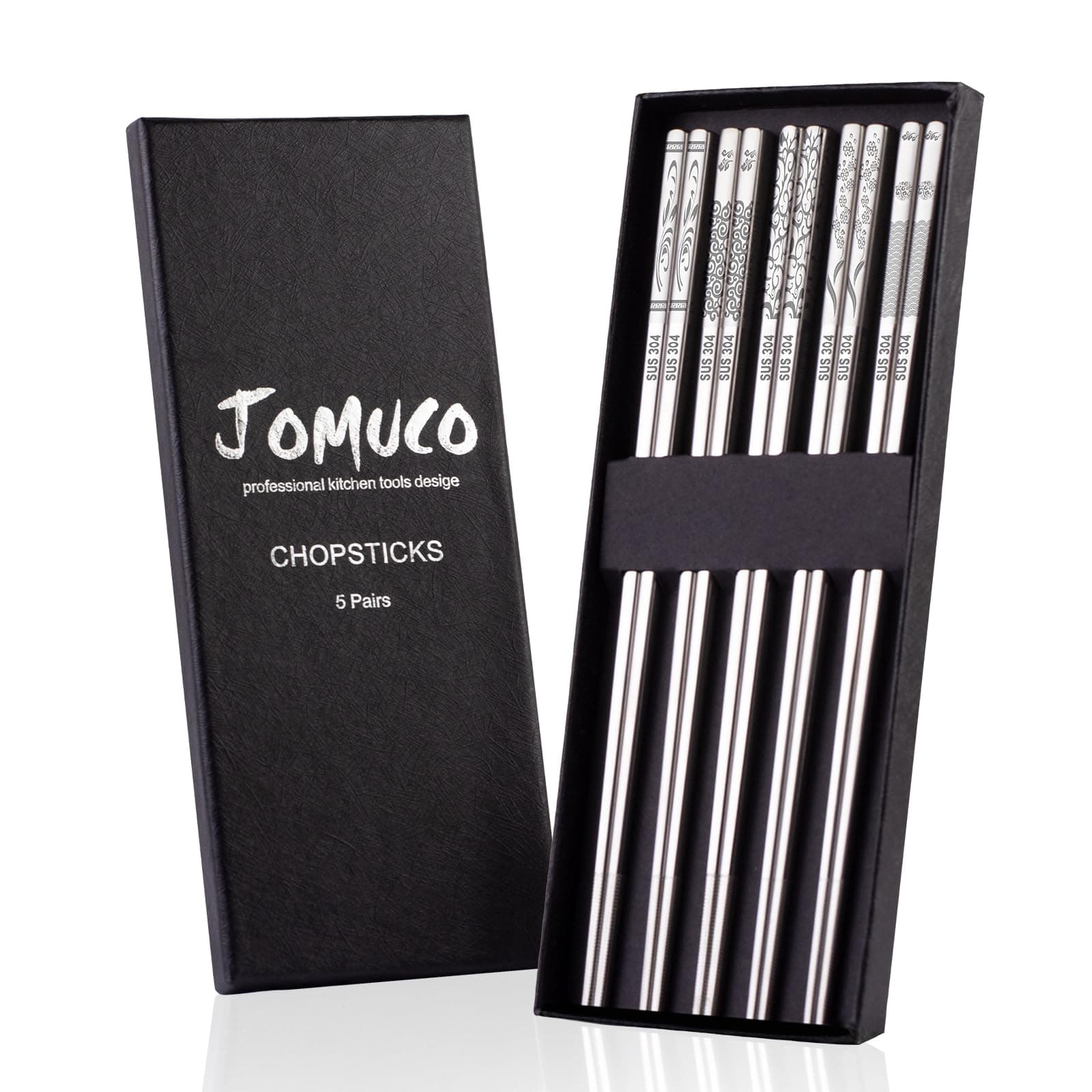 Reusable Chopsticks Set - 5 Pairs, Non-slip Stainless Steel, Dishwasher Safe, Laser Engraved Pattern (Silver)