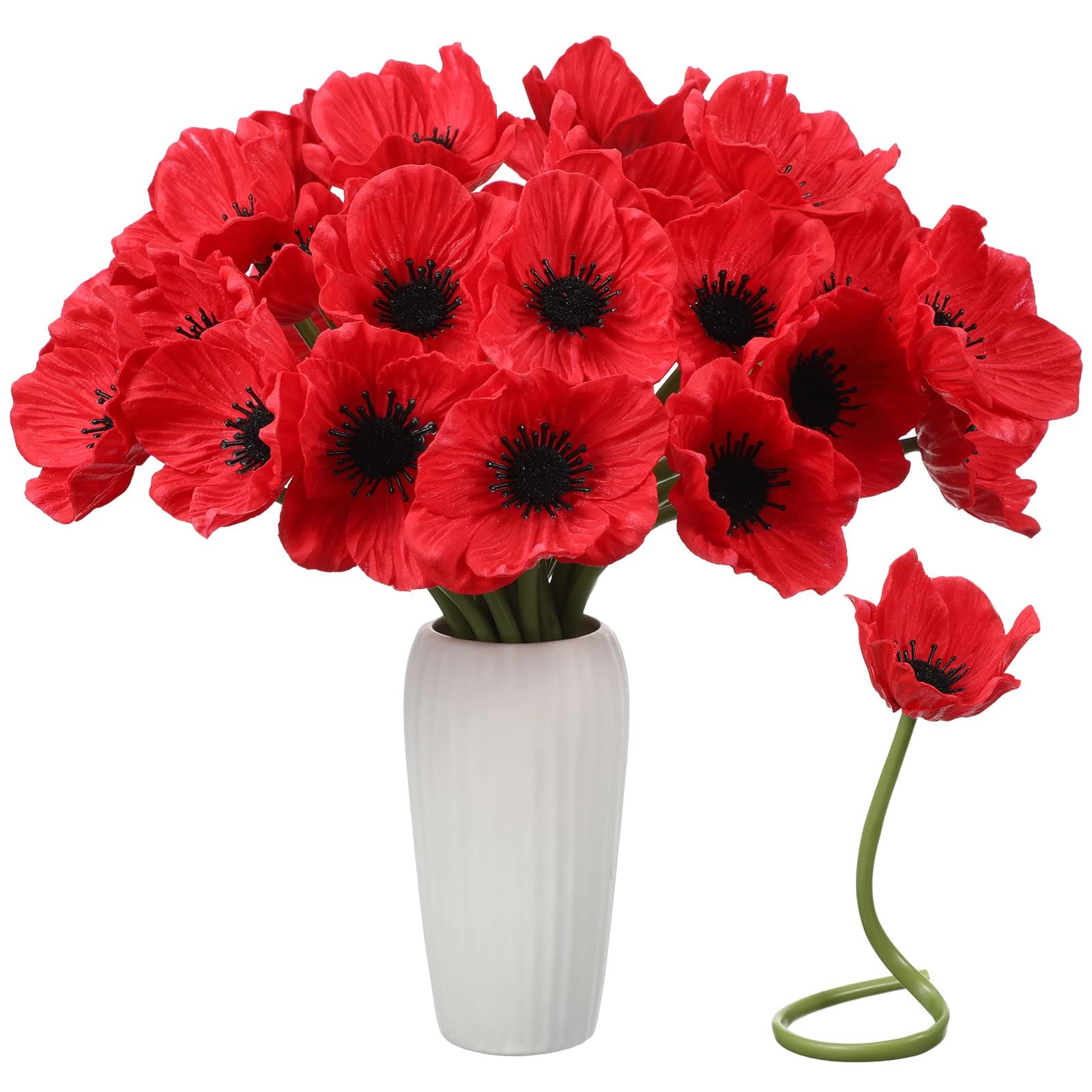 Censen 42 Pcs Artificial Poppy Flowers Bulk PU Silk Poppy Flowers 11 Inch Anemone Stems Artificial Floral Table Centerpiece Decor for Halloween Wedding Home Party Veterans Supplies(Red)