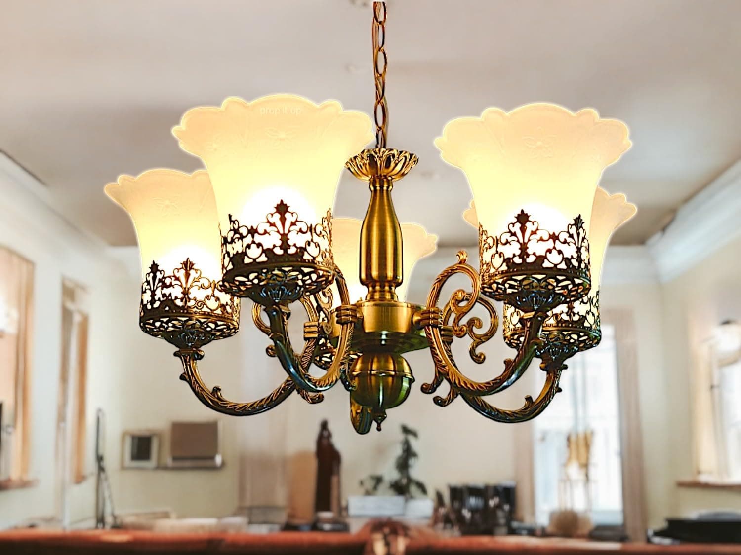 5 Portuguese Style Antique Brass Finished Ceiling Suspended Mounted Pendant Hanging Chadelier Lamp Crown Design with Frosted Glass Shade