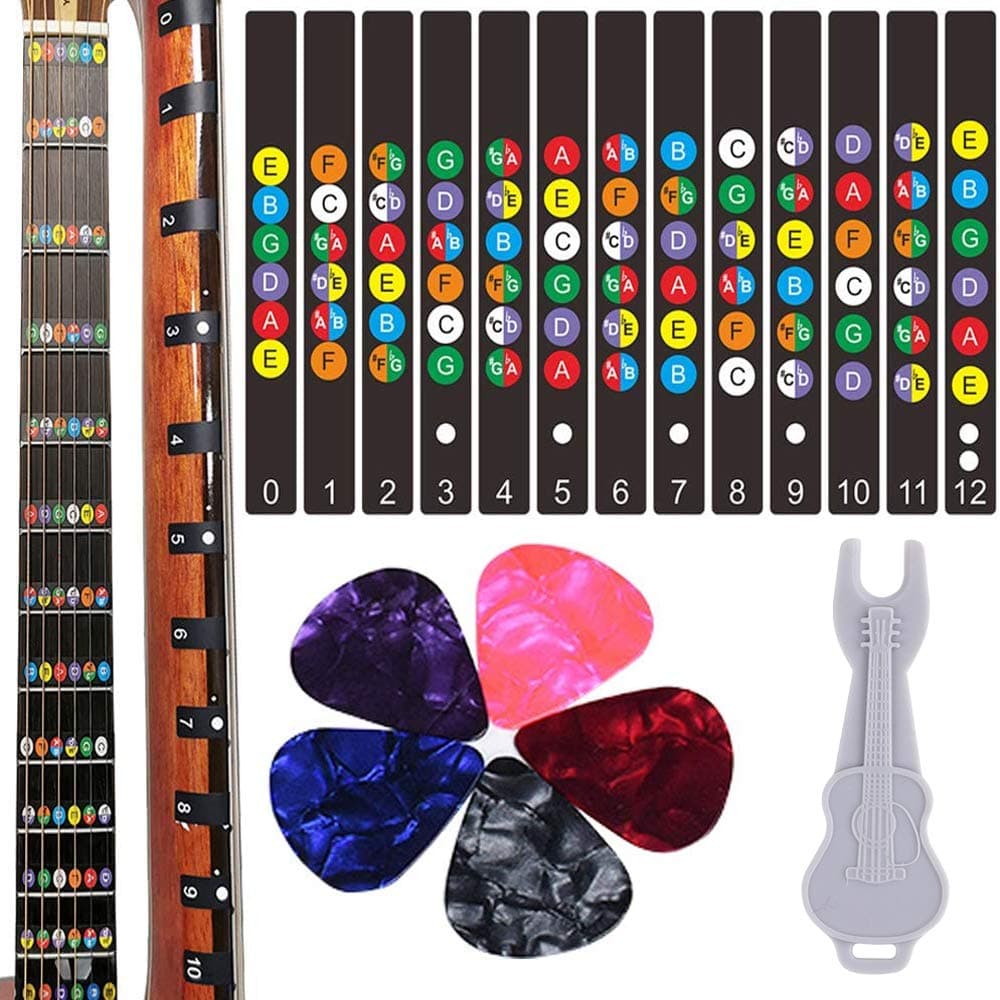 Kimlong Guitar Fretboard Stickers, Color Coded Note Decals Fingerboard Frets Map Sticker for Beginner Learner Practice Fit 6 Strings Acoustic Electric Guitars with 5 Guitar Picks & 1 Bridge Pin Puller
