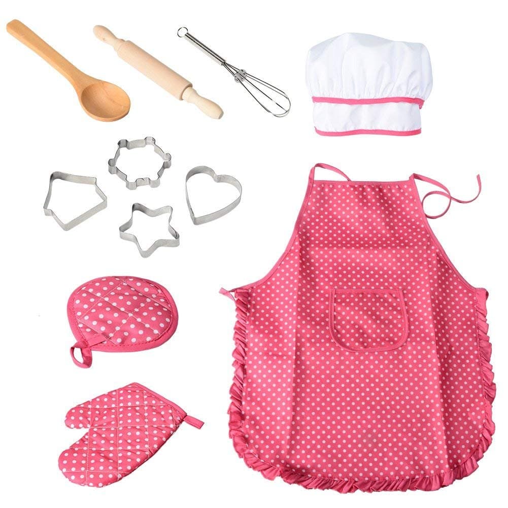 11 Pcs Kids Cooking and Baking Set with Apron for Girls, Chef Hat, Oven Mitt, and Other Cooking Utensils for Toddler Chef Career Role Play, Children Dress up Pretend Play, Great-Gift