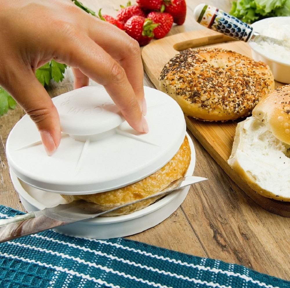 Food Cutter Guide and Rada Cutlery Brushed Aluminum Serrated Slicer Knife Bundle - 2 in 1 Kitchen Tools, Slices Fruits, Vegetables, Breads, Bagels Quickly and Easily