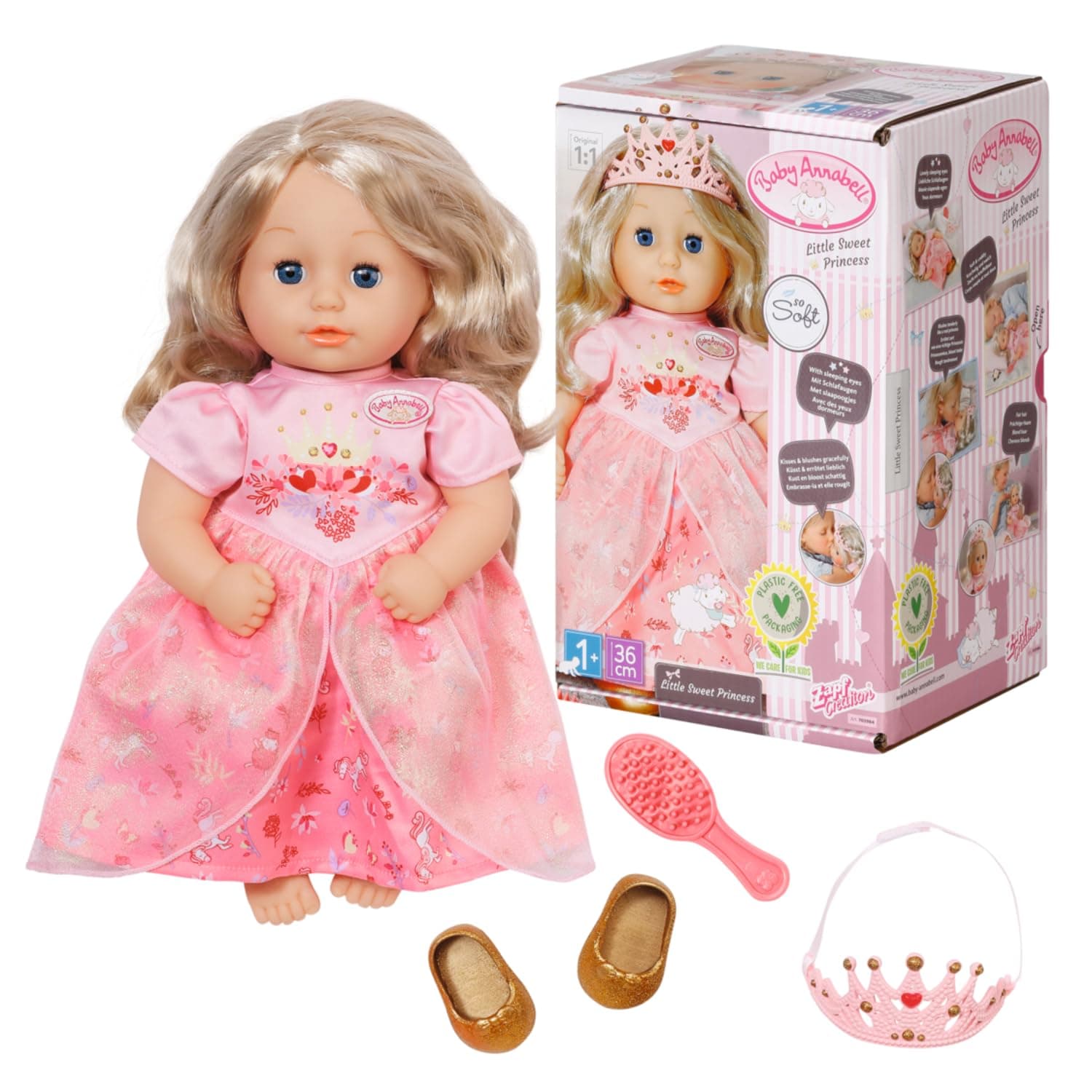 Baby Annabell Little Sweet Princess 14 Inchs Doll, Soft Body Doll with Dress, Shoes, Tiara & Brush, Makes Sounds & Eye Movements, For Toddlers 1+ – Encourages Empathy & Imaginative Play