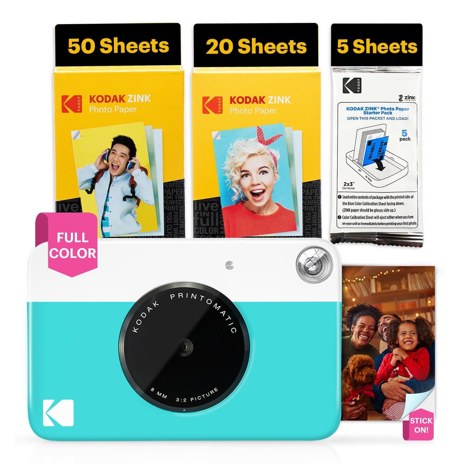 KODAK Printomatic Full-Color Instant Print Digital Camera - 75 Sheets Bundle - Prints On Zink 2x3 Sticky-Back Photo Paper - 5MP, Portable, Creative Fun Gift for Birthday, Christmas, Holiday - Blue