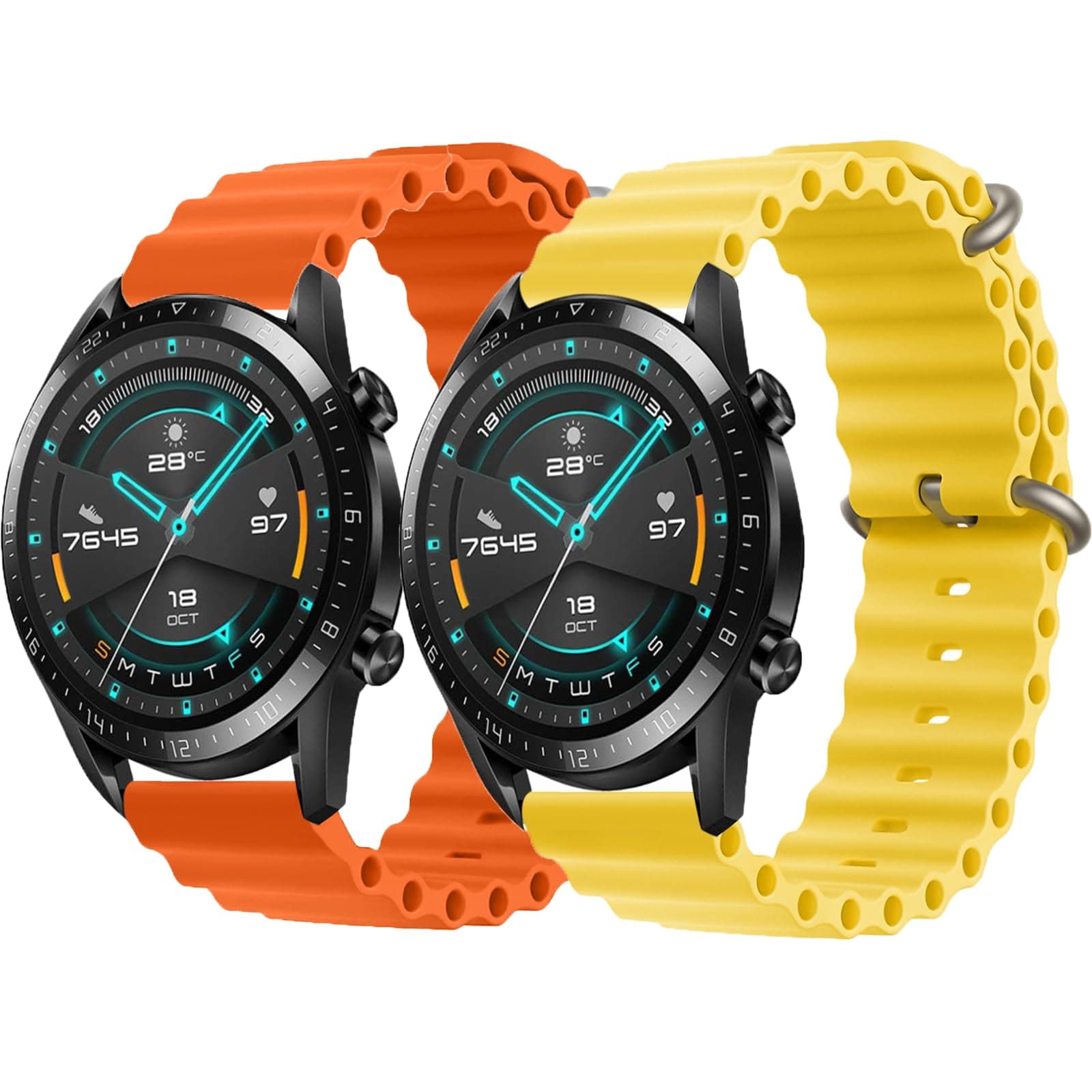 2 Pcs 22mm Ocean Silicone Band for Samsung Galaxy Watch 46mm/3 45mm/Gear S3 Classic//Gear S3 Frontier, Adjustable Sport Replacement Strap with Buckle for Huawei Watch Gt 2 46mm, Orange/Yellow