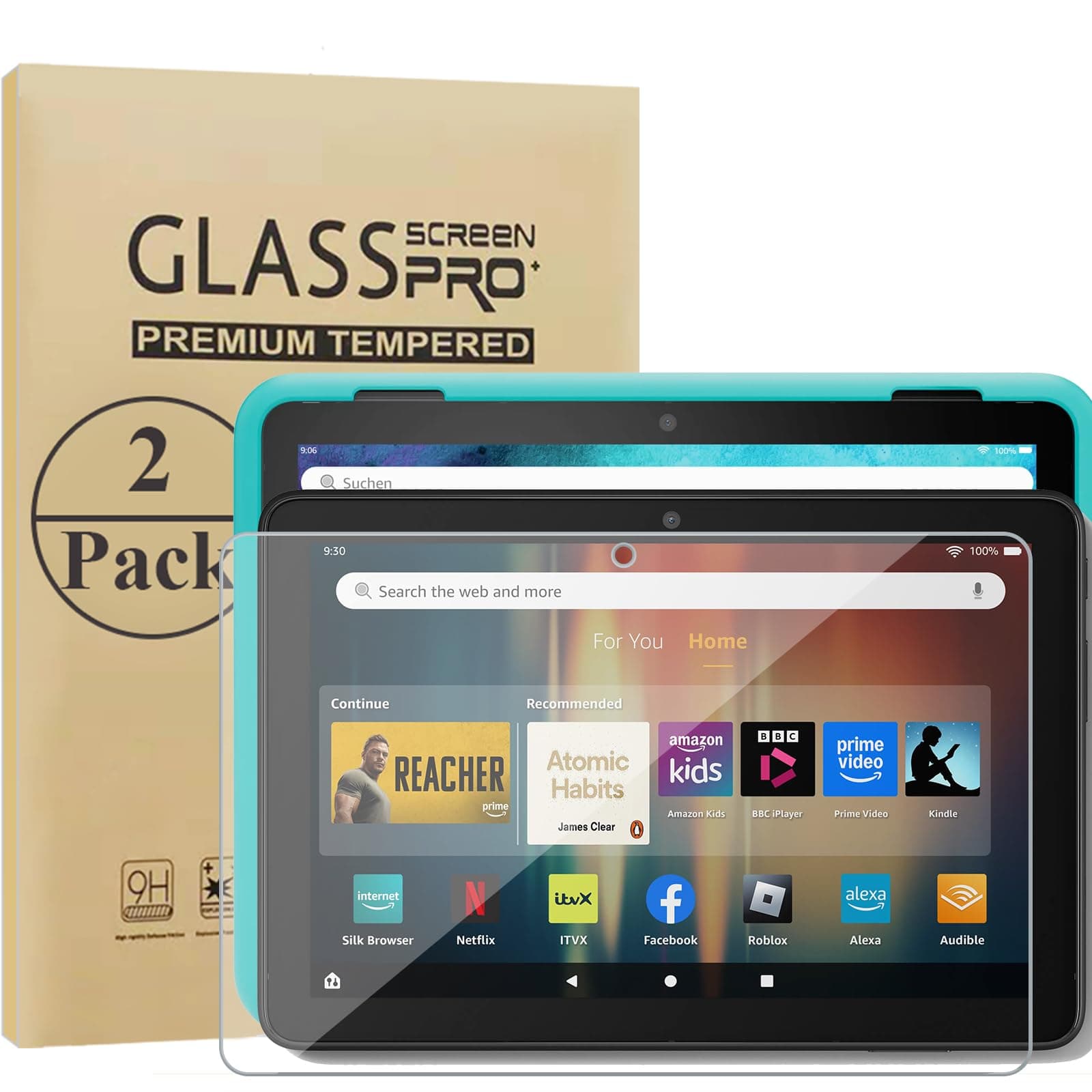 HunDun Screen Protector for Fire HD 8/ HD 8 Kids 2024/2022/HD 8 Kids Pro, Tempered Glass Film, 2 Pack