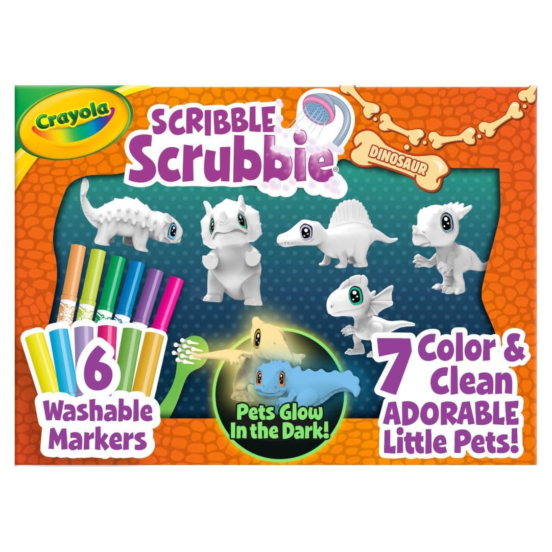 Crayola Scribble Scrubbie Pets Dinosaur Glow Combo Pack, Washable Dinosaur Toys for Kids with Fuzzy Texture, Recolorable, Washable Markers and Scrub Brush, Creative Gift for Girls & Boys, Ages 3+