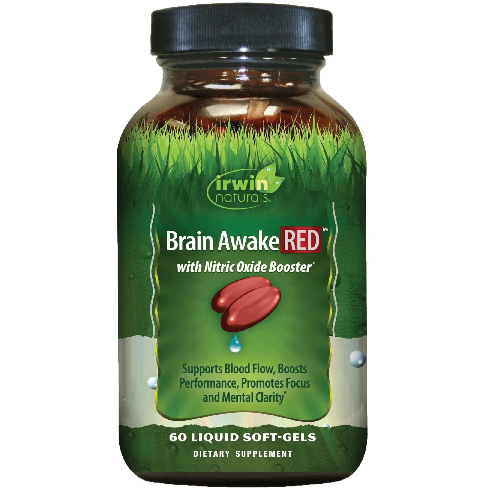 Irwin Naturals Brain Awake RED with Nitric Oxide Booster - 60 Liquid Soft-Gel - Support Brain Health & Optimize Performance - 20 Total Servings