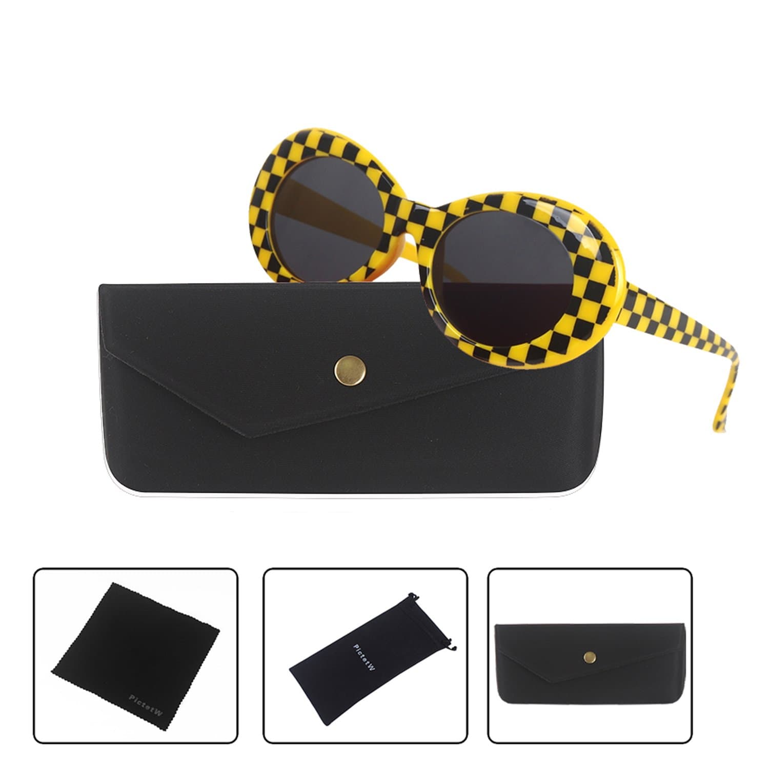 Clout Goggles Bold Retro Oval Mod Thick Frame Kurt Cobain Sunglasses Round Lens (Checkered yellow/Gray)