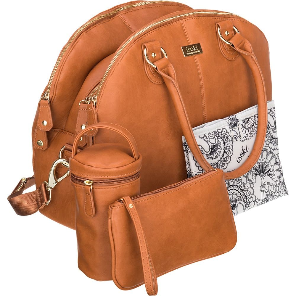 Madame Polly Large Premium Tan Diaper Organizer Bags in Vegan Faux Leather. 3 Compartments with Changing Mat, Purse and Insulated Bottle T