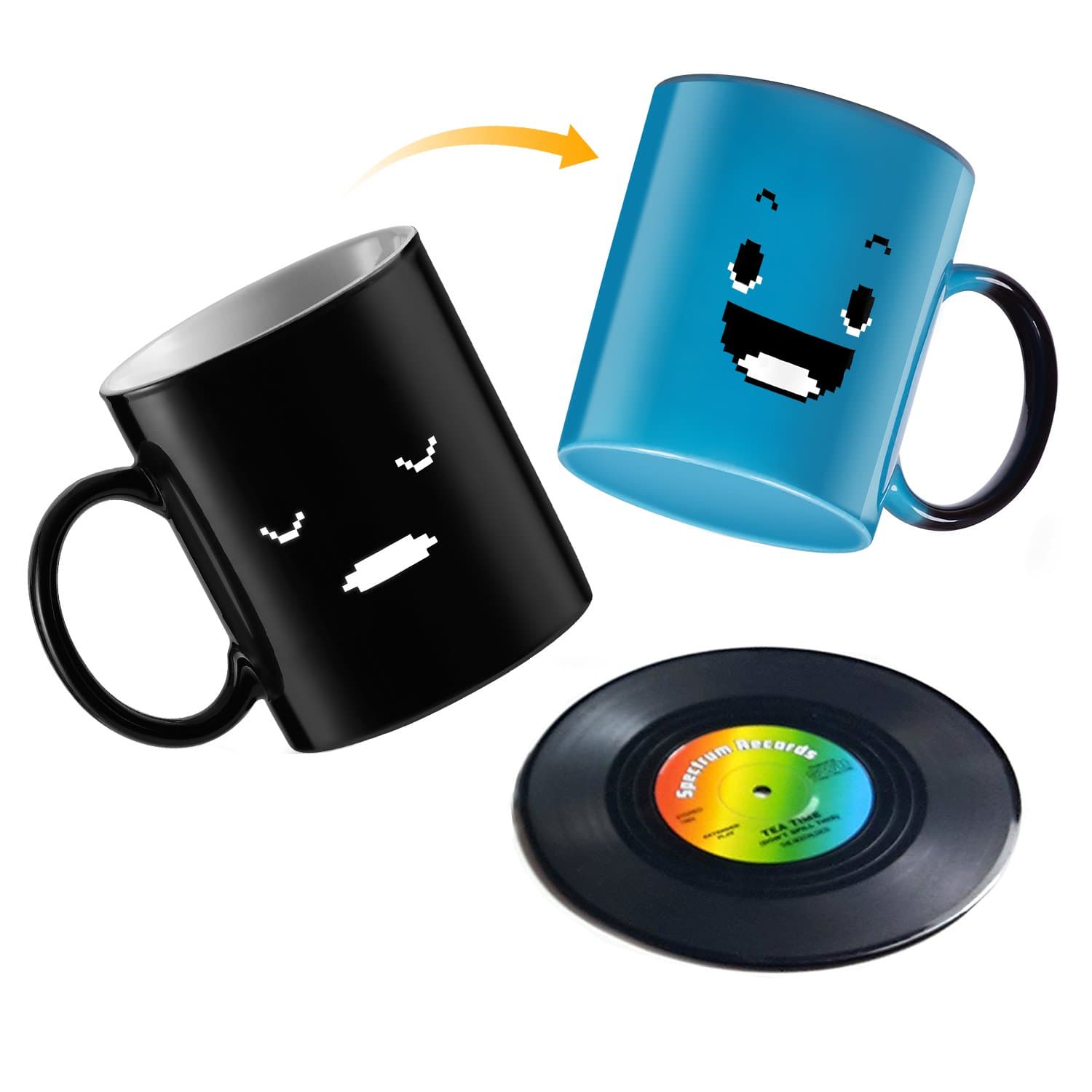 Magic Heat Sensitive Coffee Mug, Color Changing Funny Smiley Faces Design,BPA Free Ceramic 12 OZ Cup Set,With Gift of Retro Vinyl Record Disc Drink Coasters By ADAINA(Blue)