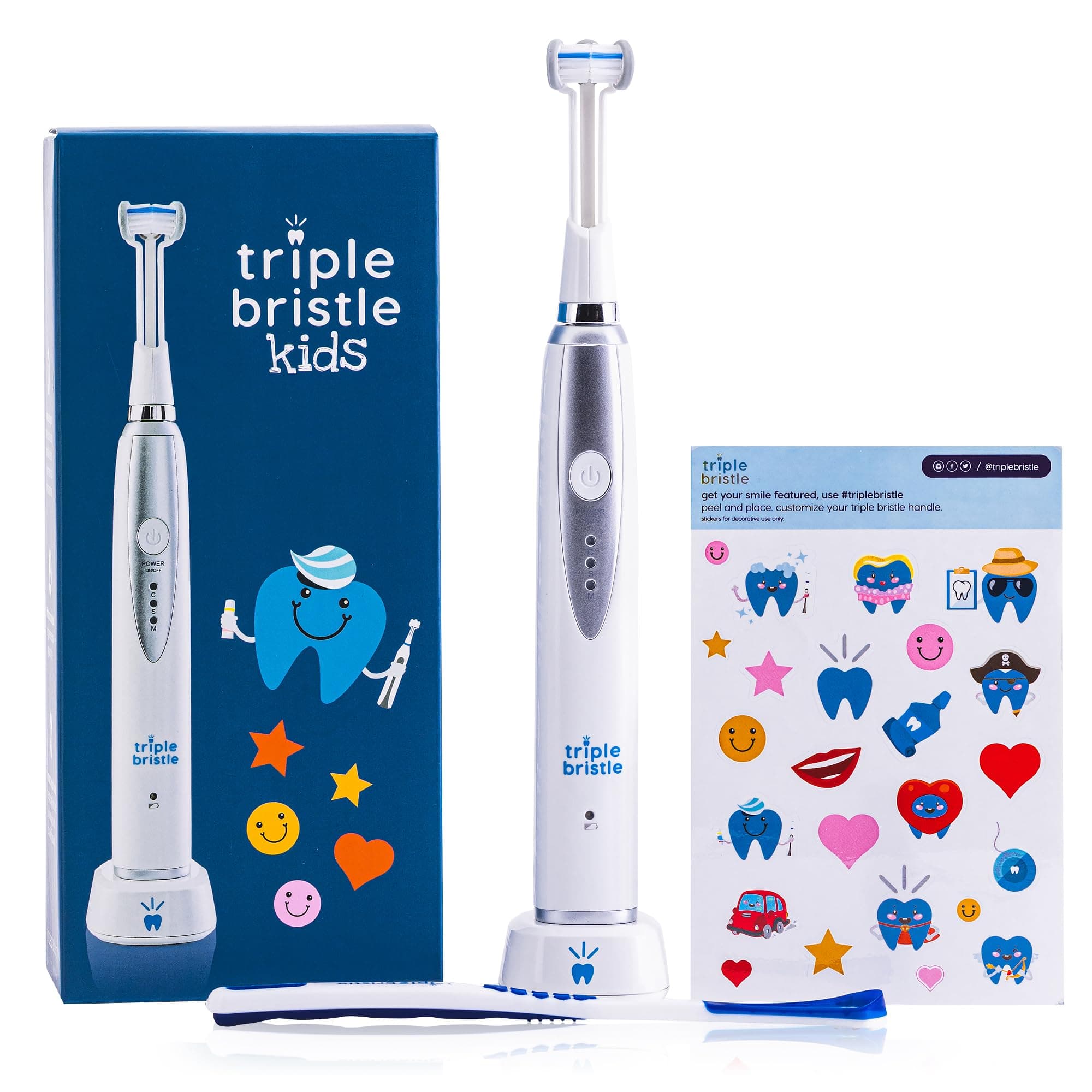 Kids Sonic Toothbrush | 1 Pack | 3 Sided Toothbrush to Clean Teeth and Gums | Dentist Created & Approved | Fun Sticker Rewards | Rechargeable Three Sided Toothbrush for Kids