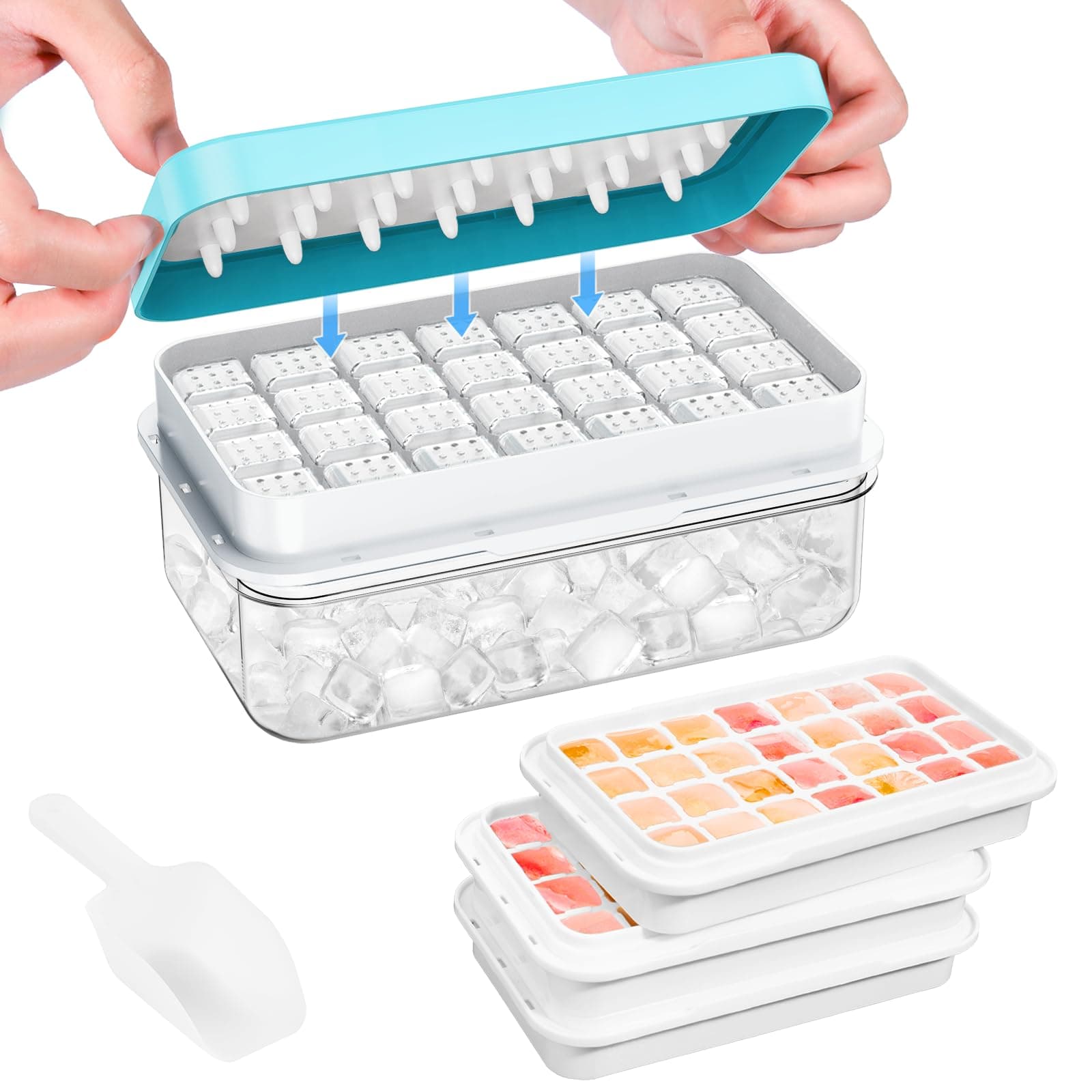 Ice Cube Tray with Lid and Bin, PHINOX 84 pcs Ice Trays for Freezer, Ice Cube Trays for Freezer with 3 trays, Container, Lid & Ice Scoop, BPA Free