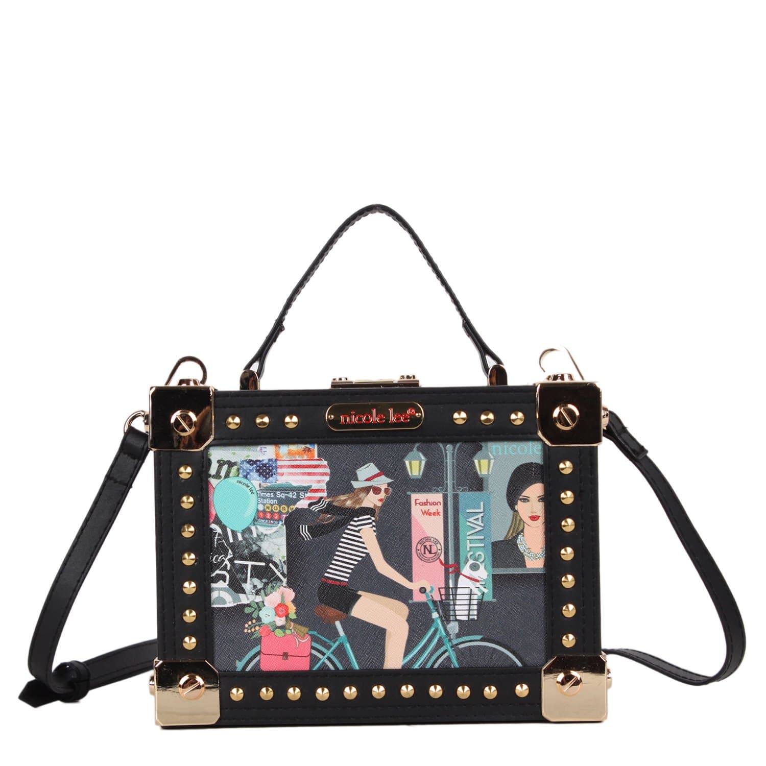 Nicole Lee Small Cosmetic Case With Stylish [Bike Tour] Print Top Handle And Shoulder Strap