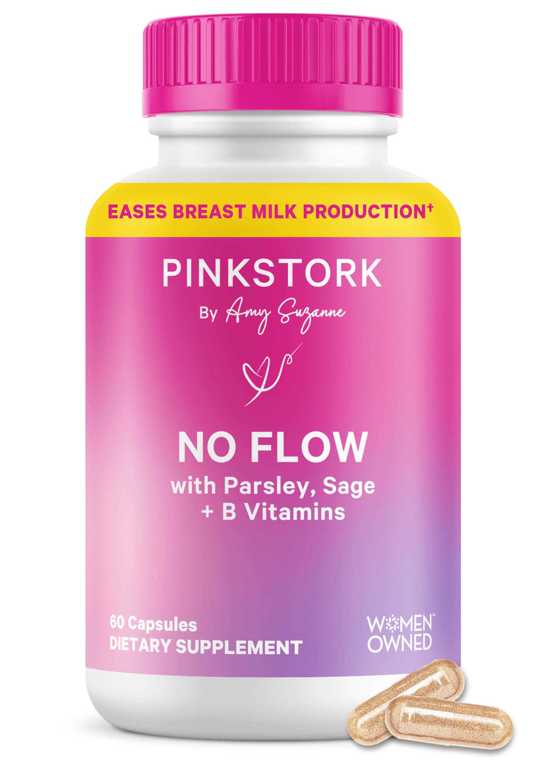 Pink Stork No Flow: Dry Up Breast Milk Supply with Sage, Parsley, and B Vitamins, Postpartum Essentials for Women to Stop Breastfeeding and Decrease Milk Production, 60 Capsules