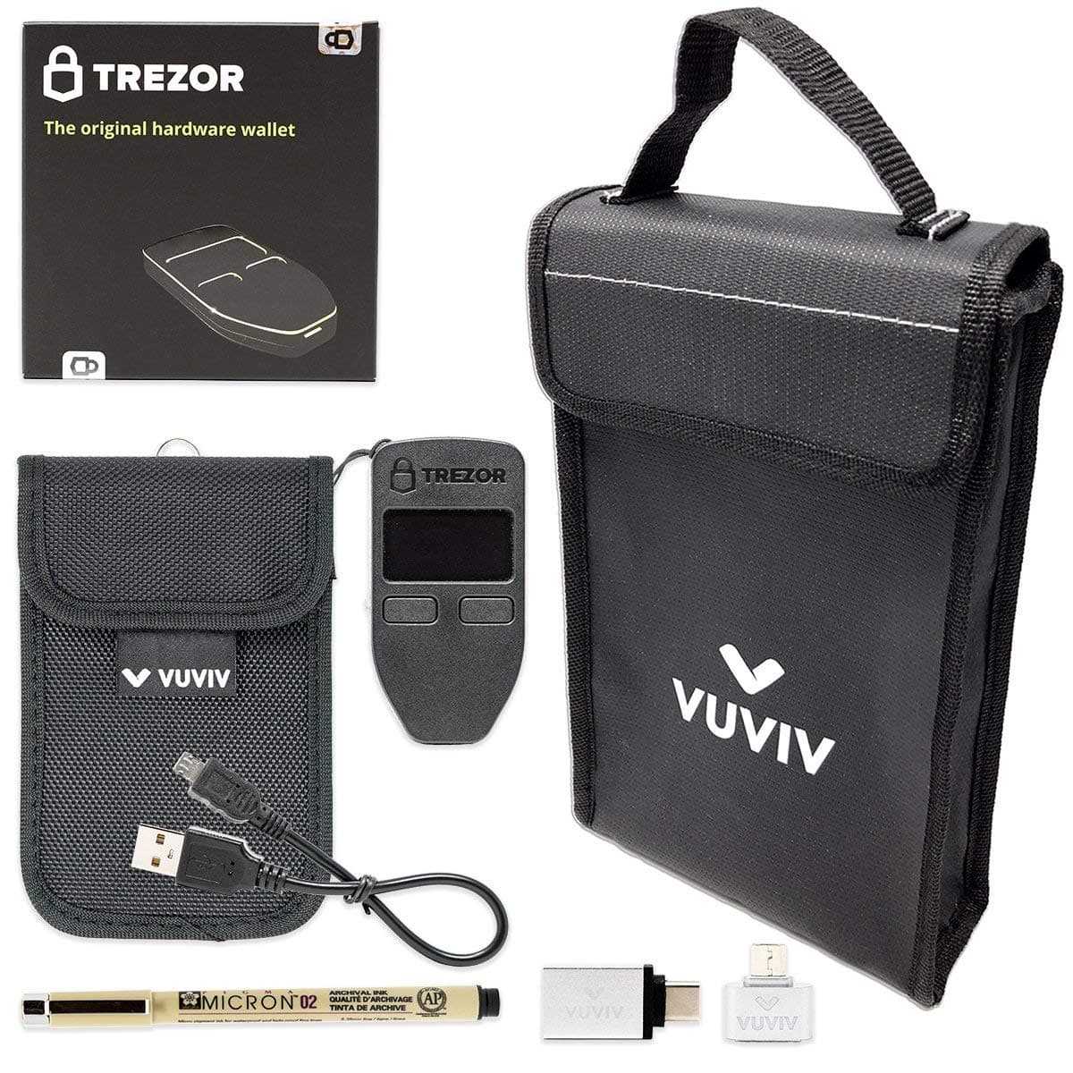 Trezor One - Black Bitcoin Hardware Wallet Bundle with VUVIV Micro-USB Adapter & USB-C Adapter for MacBook. RFID Pouch, Fireproof Bag & Sakura Pigma Archival Ink Pen for Recovery Seed Sheet