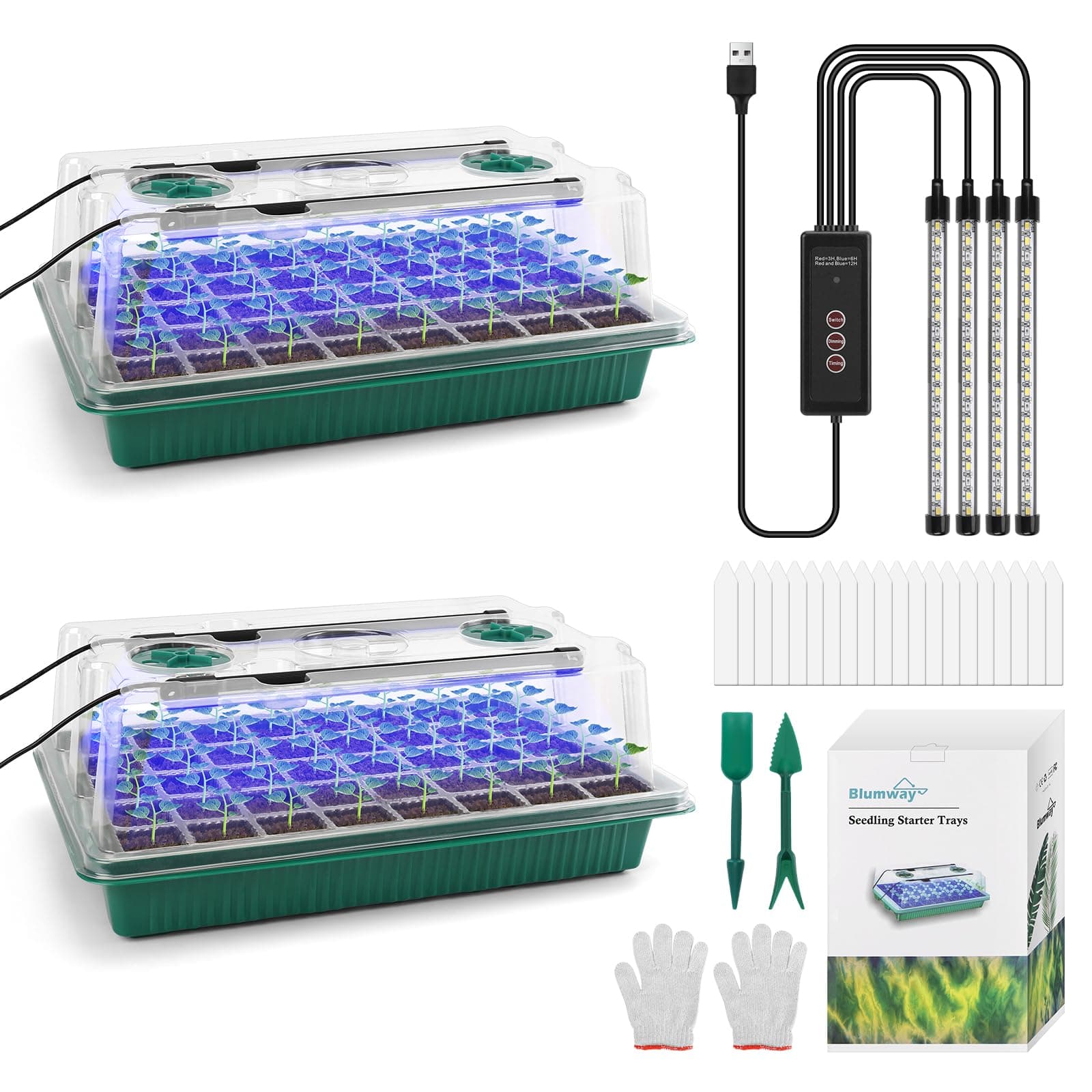 BlumWay Upgrade Seed Tray with Grow Light, 80 Cell Seedling Tray with Moisture Dome for Deep Root Seedlings, Timed Light Plant Starter Set