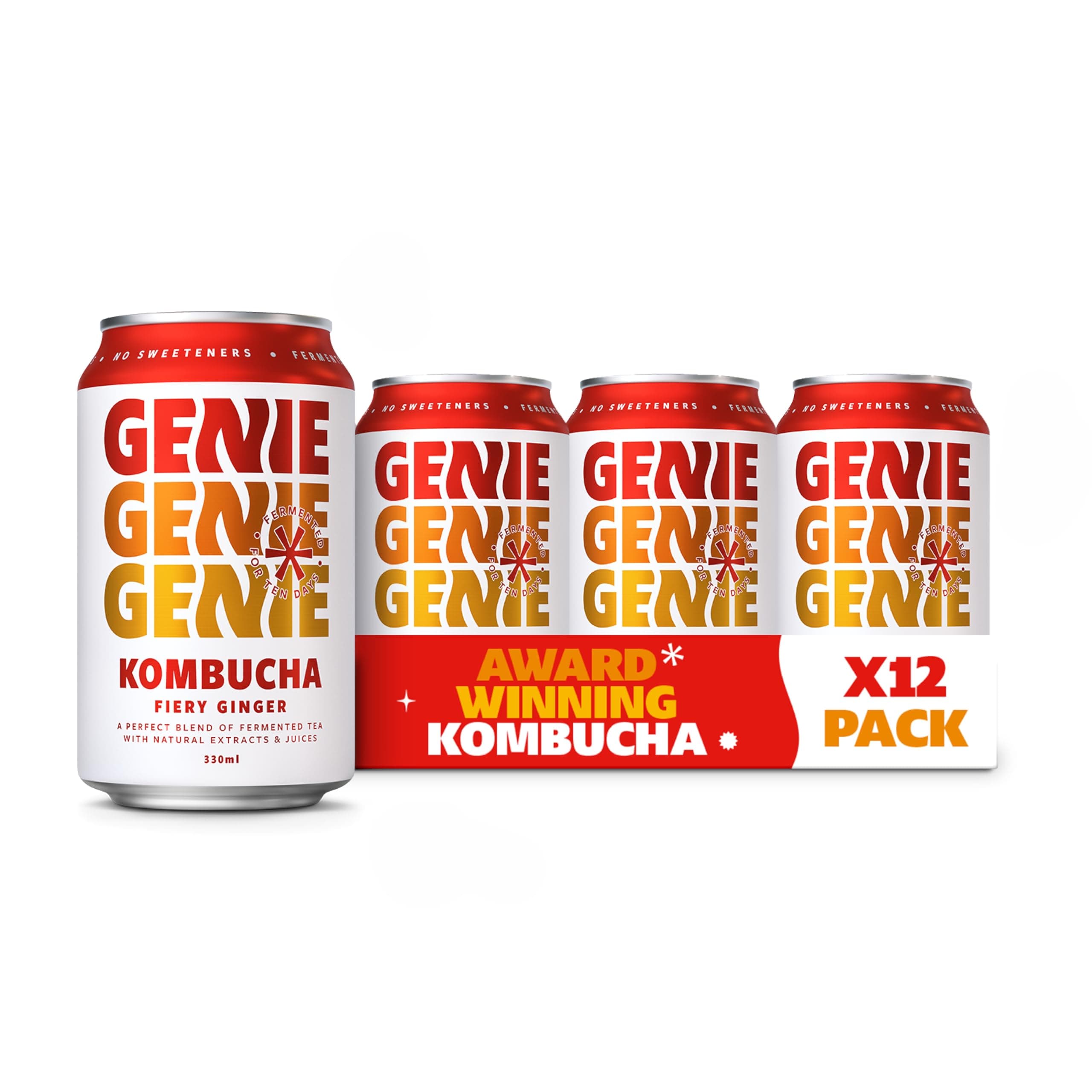 Fiery Ginger Kombucha Drink, Delicious Soft Drinks, Fermented 10 Days for Gut Health, 100% Vegan, No Sweeteners, No Nasties, Made in the UK, Natural Energy, 12 x 330ml Cans