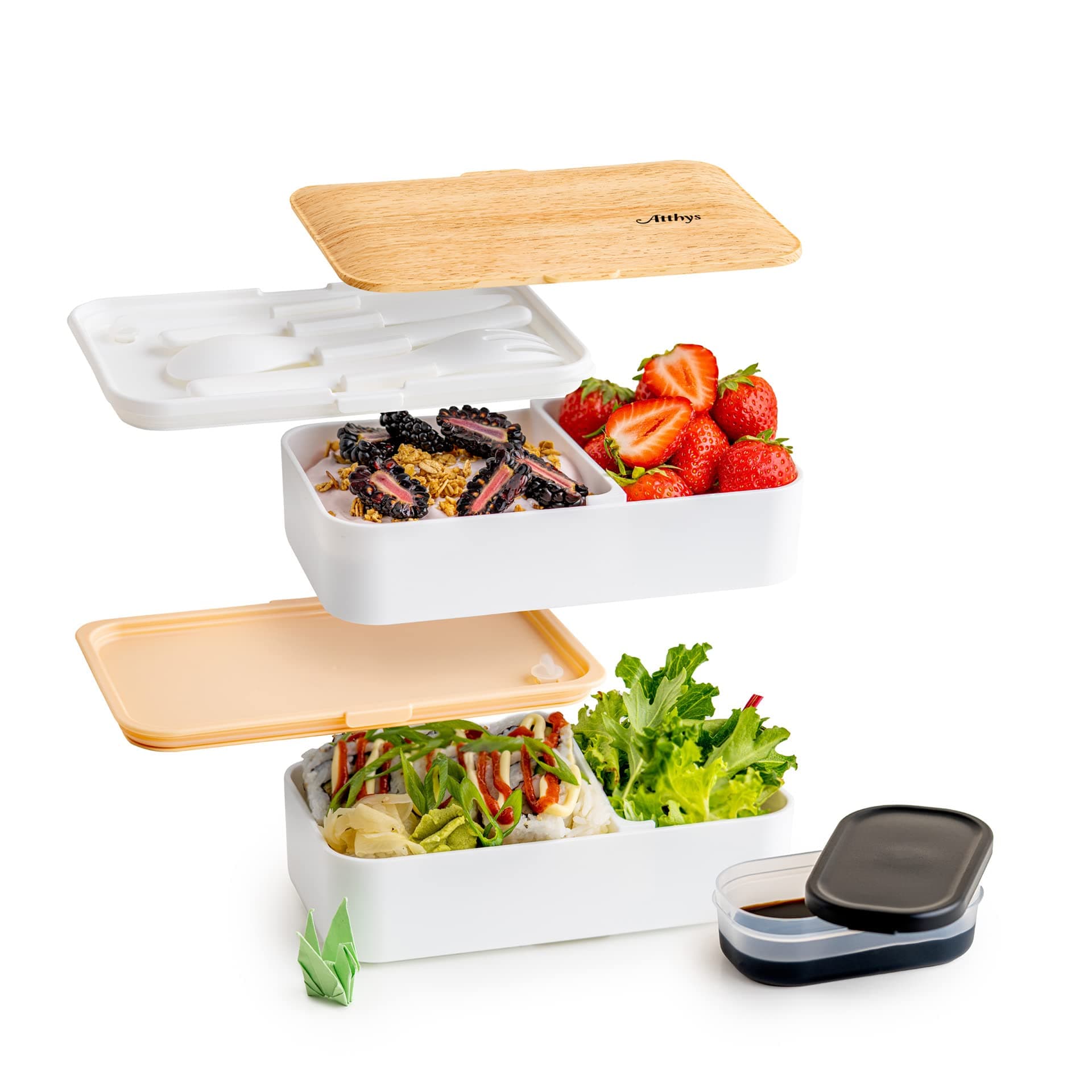 White Lunch Box | Japanese Design Bento 3 Place Settings Free | Bento Box 2 Hermetic Compartments 1200 ML | Dishwasher Microwaves | Adult or Child Wooden Lunch Box