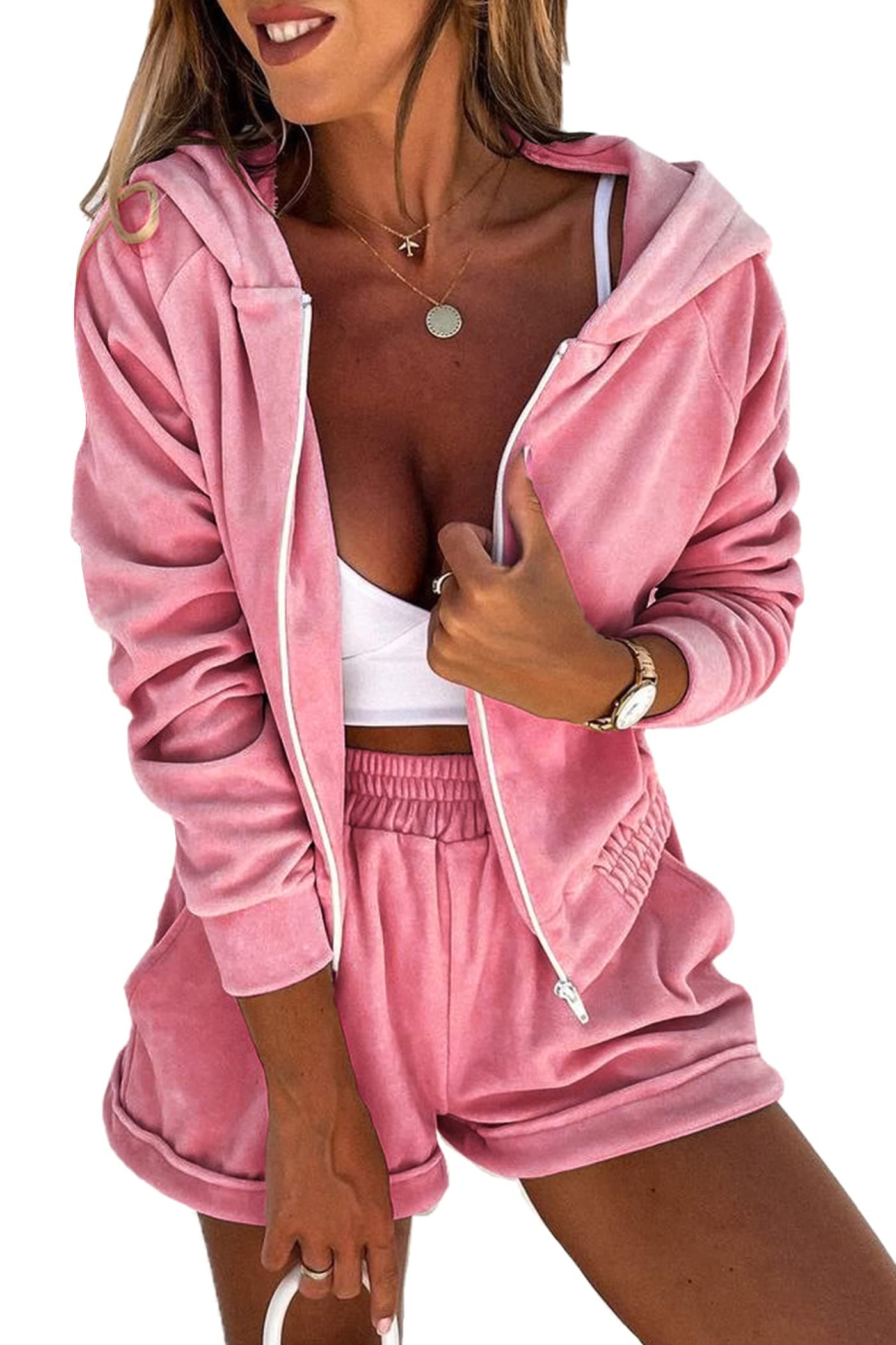 PRETTYGARDEN Women's 2 Piece Velour Tracksuit Casual Long Sleeve Zip Up Hoodie And Shorts Set Jogger Outfits (Rose Pink,Small)