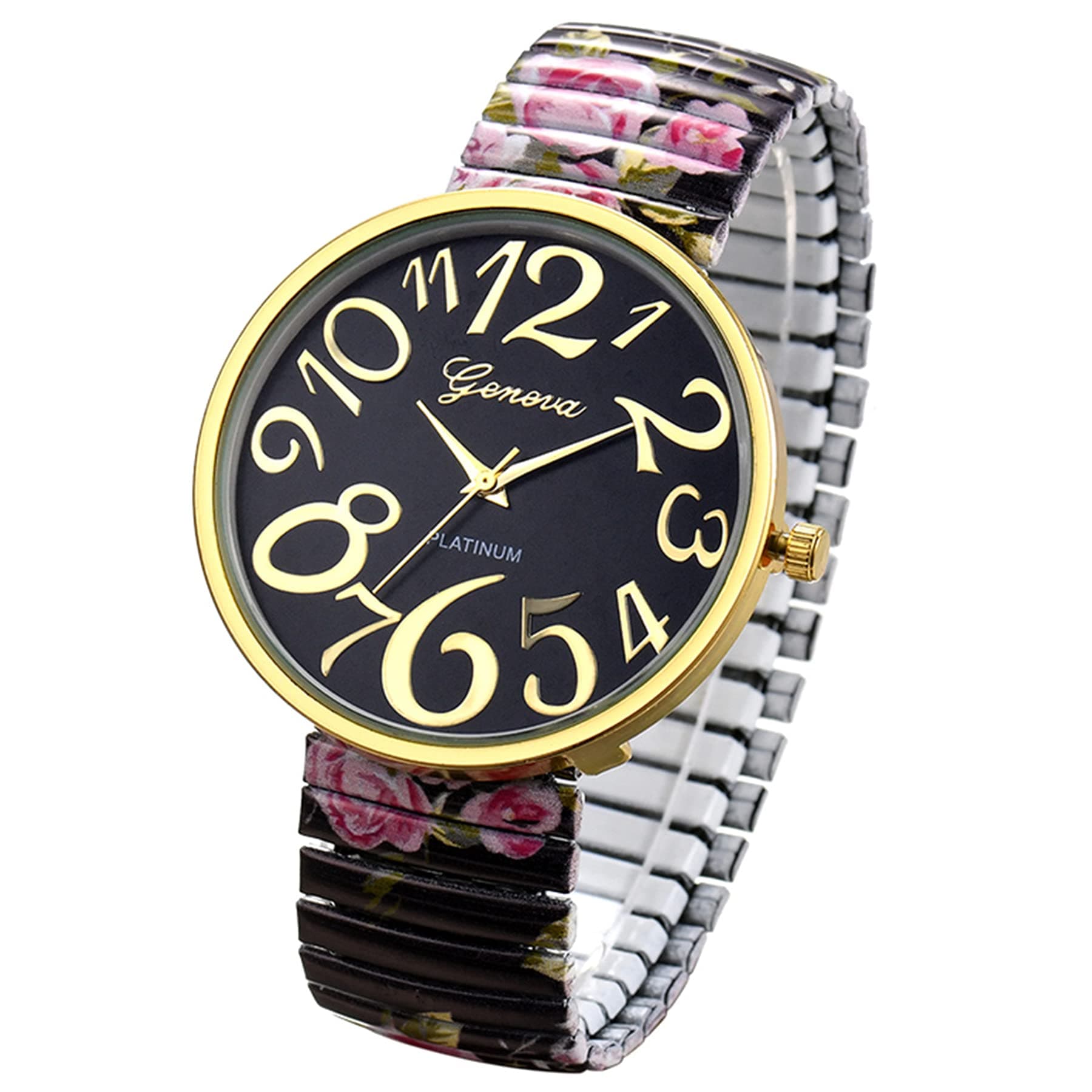 Women's Big Dial Easy Reader Watch Floral Elastic Stretch Band Wristwatch, for Xmas Christmas