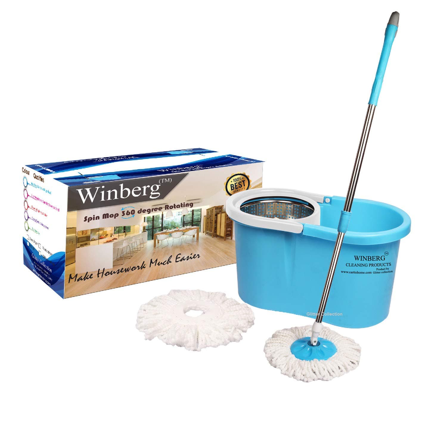 Winberg Stainless Steel Bucket Dryer 360° Rotating Pole and Magic Mop with 2 Refill