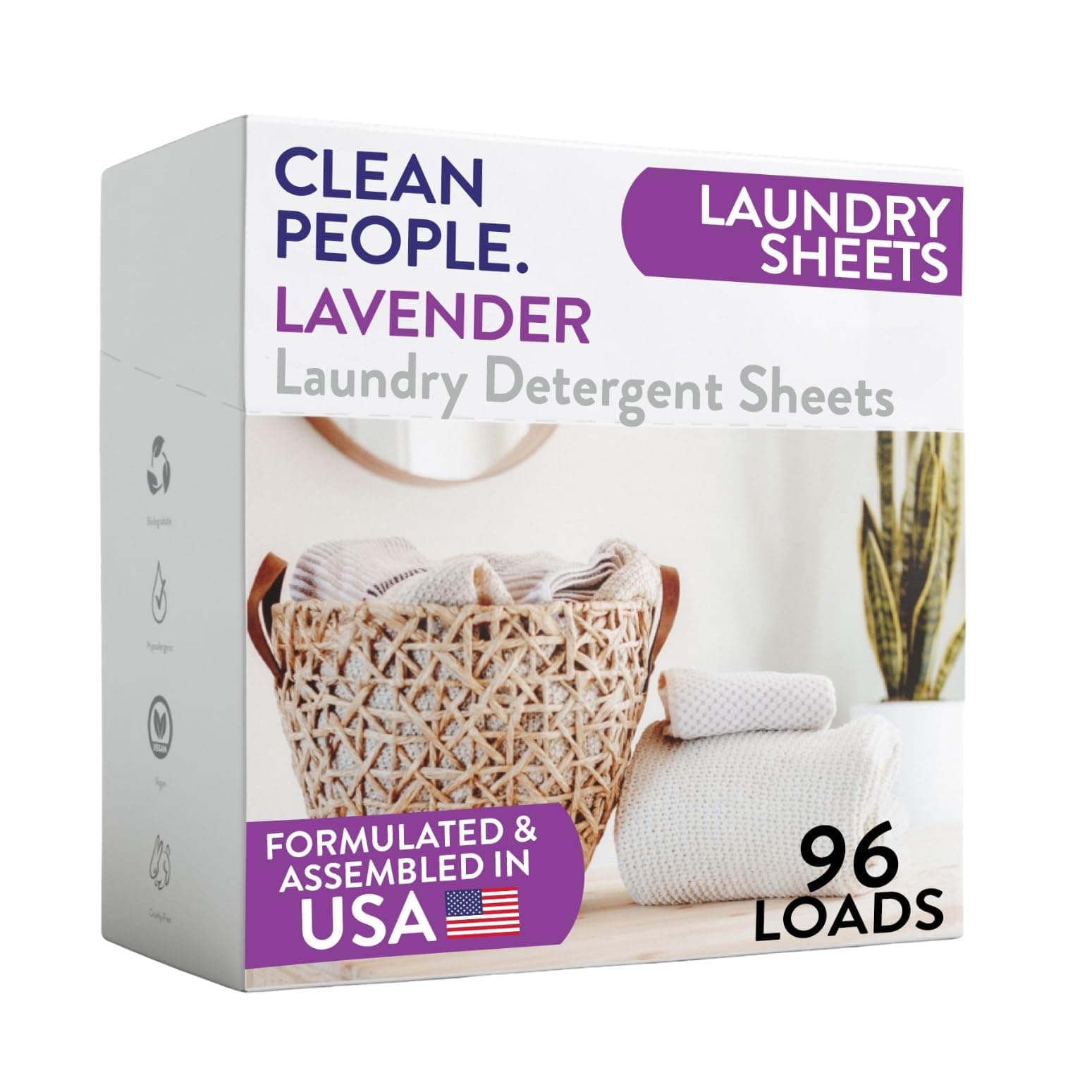 The Clean People Lavender Laundry Detergent Sheets - Laundry Soap - Ultra Concentrated, Recyclable Packaging, Stain Fighting - Lavender, 96 Pack